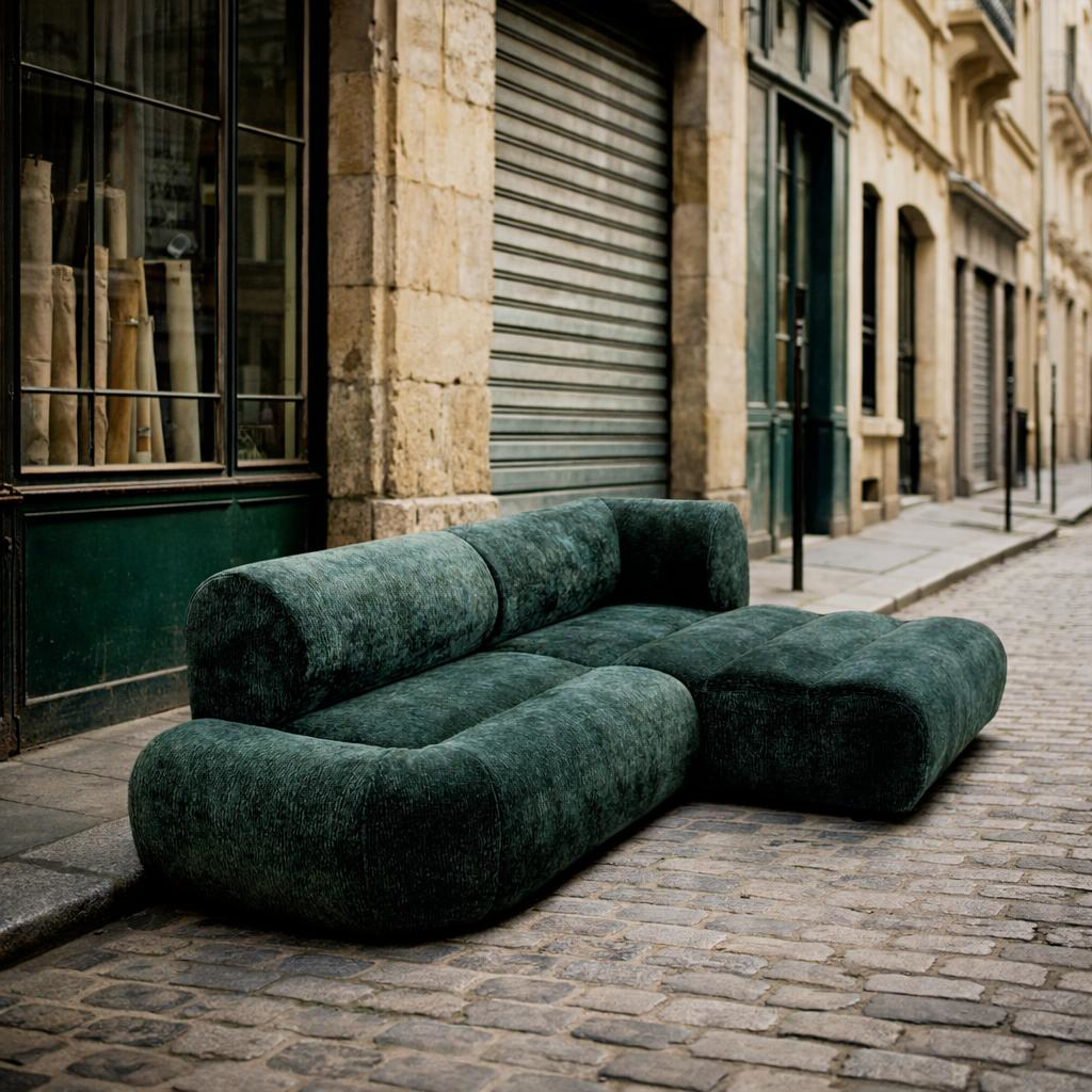 Canapé d'angle Saint Denis de Paname Avenue dans un décor parisien extérieur du quartier Sentier