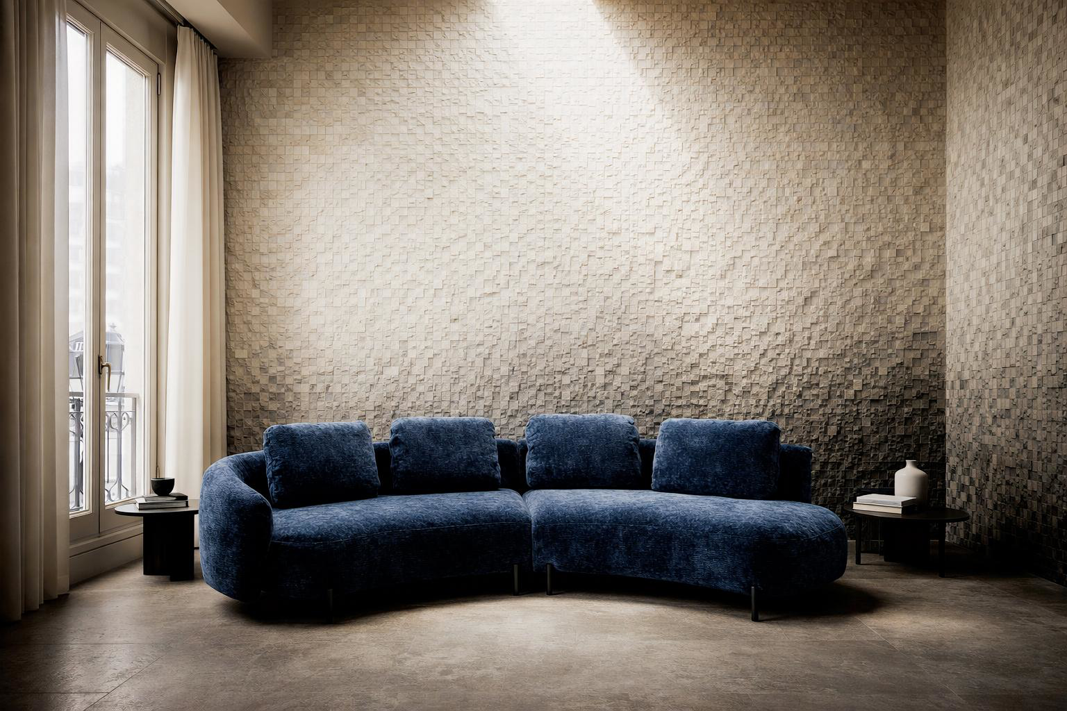Canapé d'angle Saint-Sauveur Paname Avenue  dans un salon épuré décoré dans un style contemporain haut de gamme avec influence minimaliste et brutaliste adoucie.