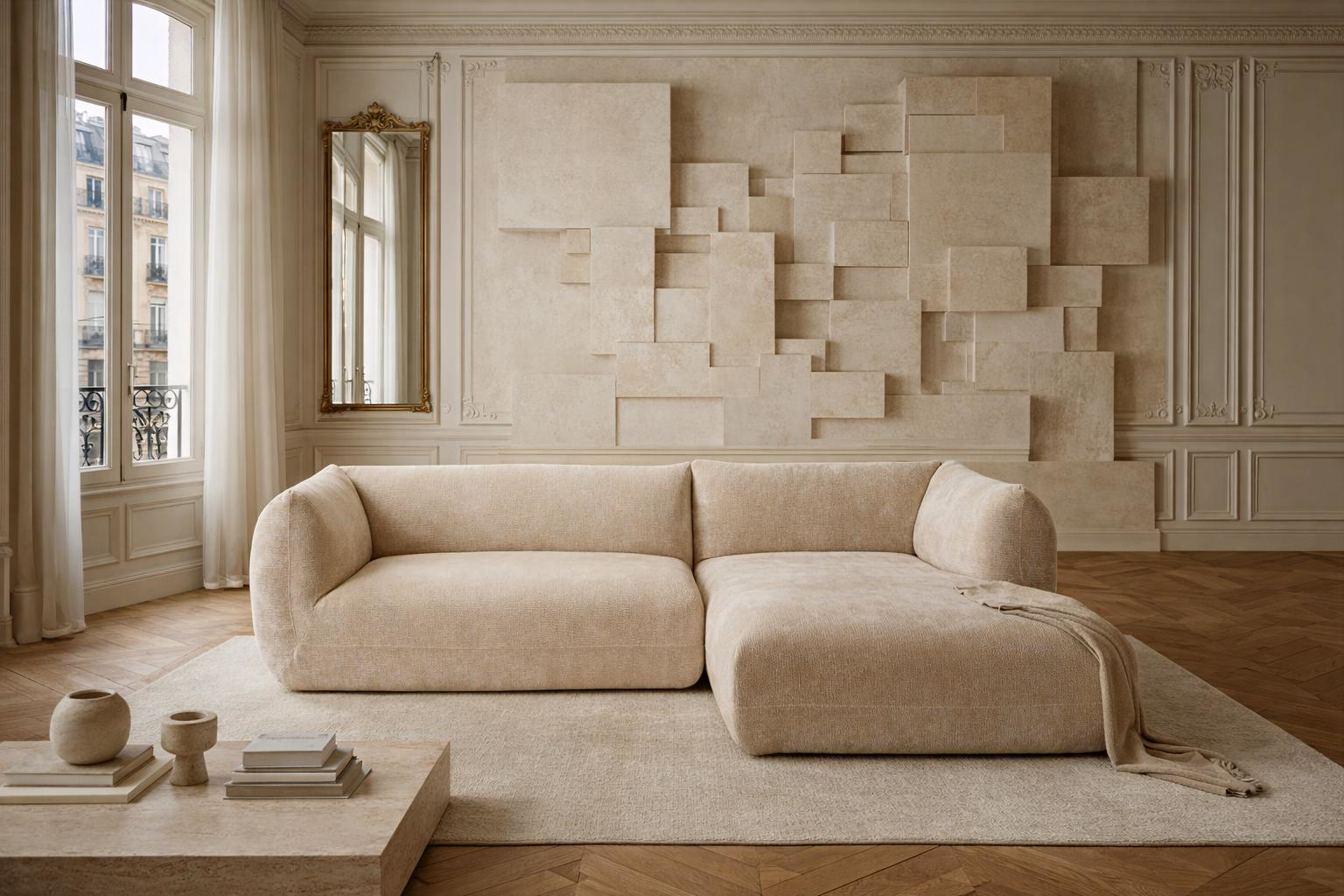 Canapé d'angle Sainte Croix Paname Avenue dans un salon au style minimaliste contemporain avec une forte influence wabi-sabi et japandi.