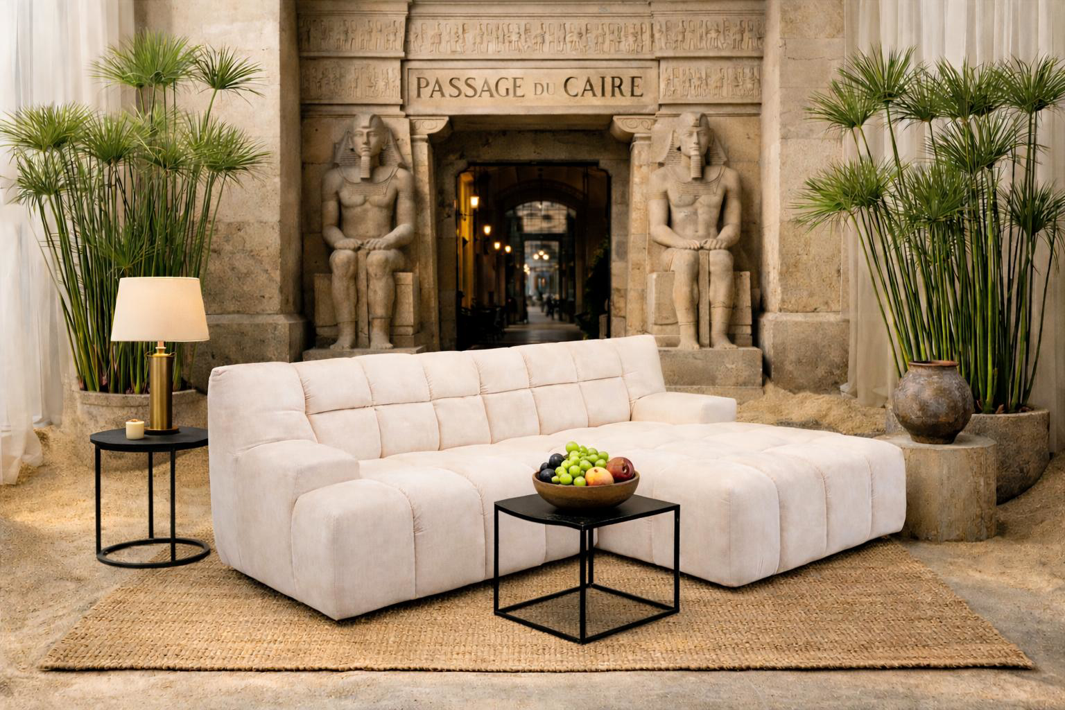 Canapé d'angle Caire Paname Avenue dans un salon inspiré du passage du Caire à Paris