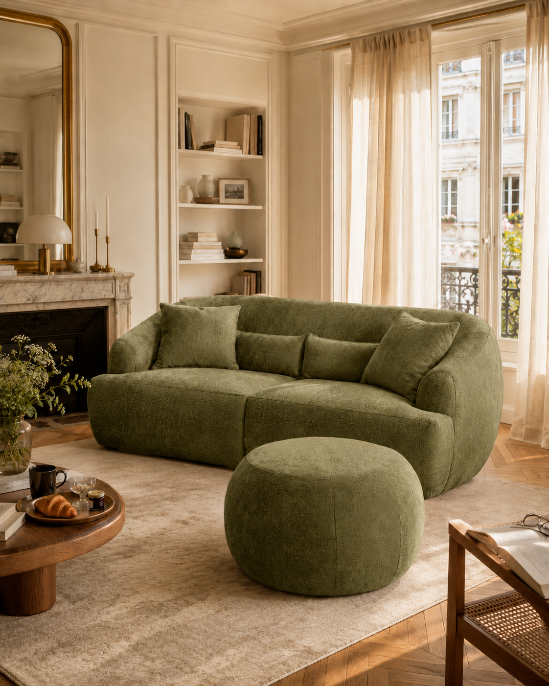 Canapé Calais et pouf  Verrerie de Paname Avenue dans un salon lumineux parisien