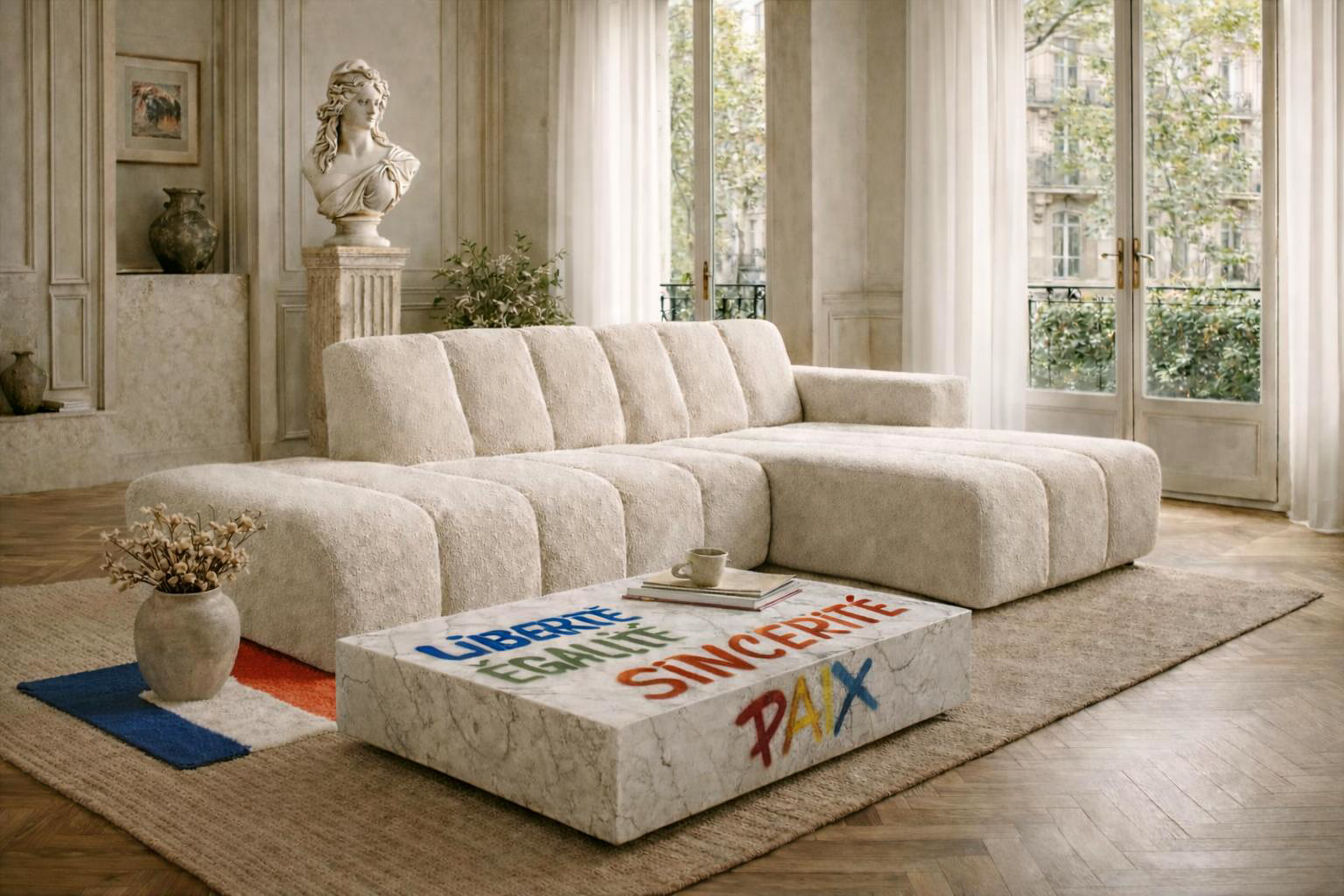 Canapé d'angle Chemin Vert Paname Avenue dans un salon haussmannien lumineux avec moulures et parquet, décoré d’un buste classique et d’une grande fenêtre, accompagné d’une table basse en marbre ornée de mots colorés “Liberté, Égalité, Sincérité, Paix”