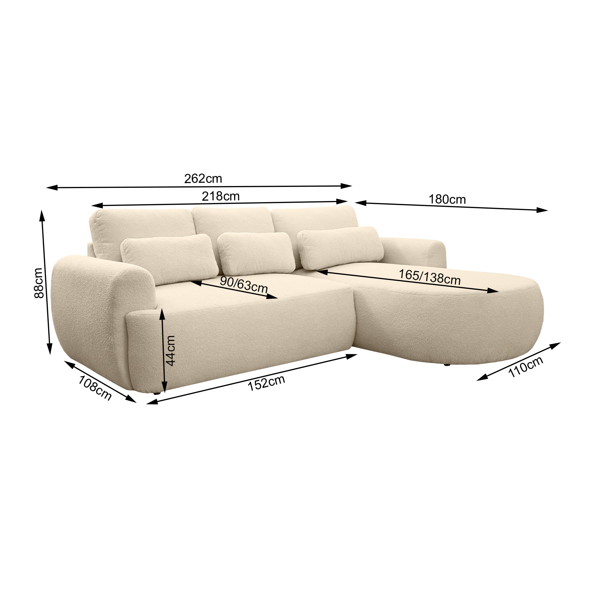 Canapé d'angle droit Aboukir en tissu bouclette beige Paname Avenue, schéma des dimensions