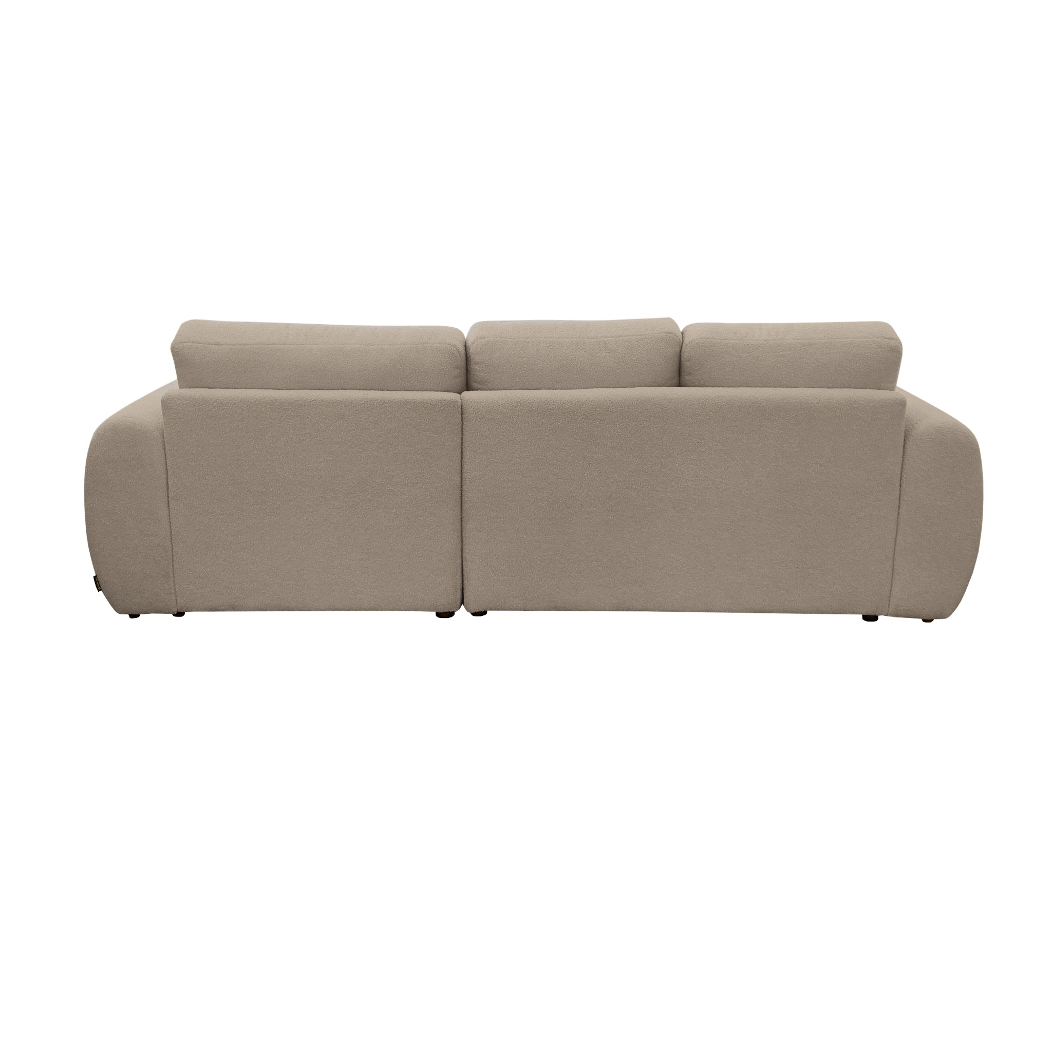 Canapé d'angle droit Aboukir en tissu bouclette taupe Paname Avenue, vue arrière sur fond blanc
