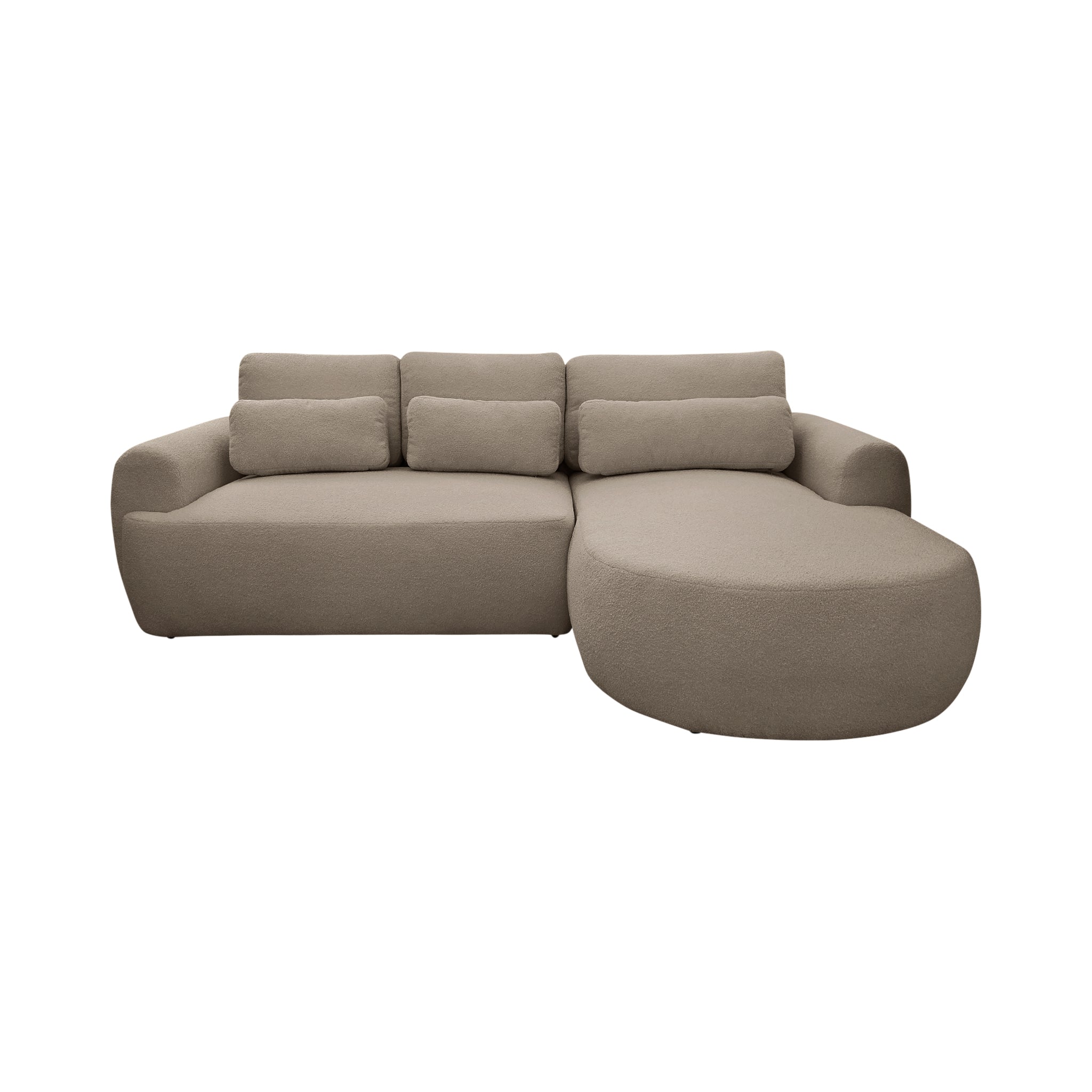 Canapé d'angle droit Aboukir en tissu bouclette taupe Paname Avenue, vue de face sur fond blanc
