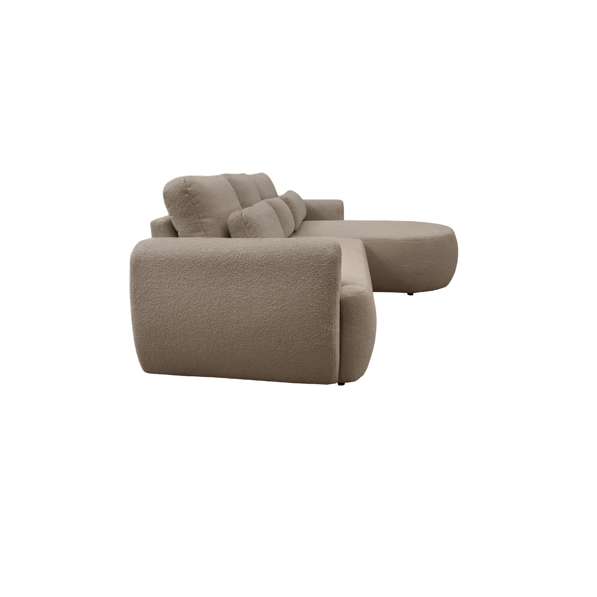 Canapé d'angle droit Aboukir en tissu bouclette taupe Paname Avenue, vue de profil sur fond blanc