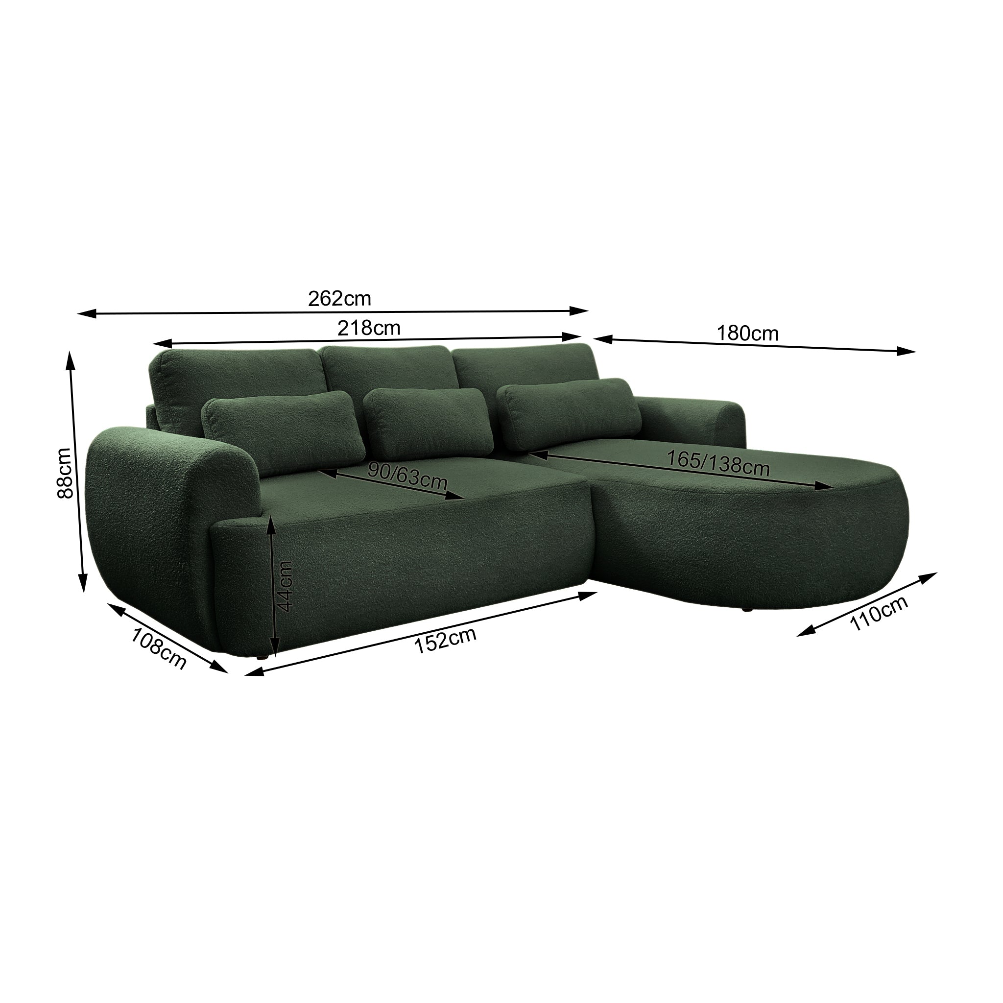 Canapé d'angle droit Aboukir en tissu bouclette vert Paname Avenue, schéma des dimensions