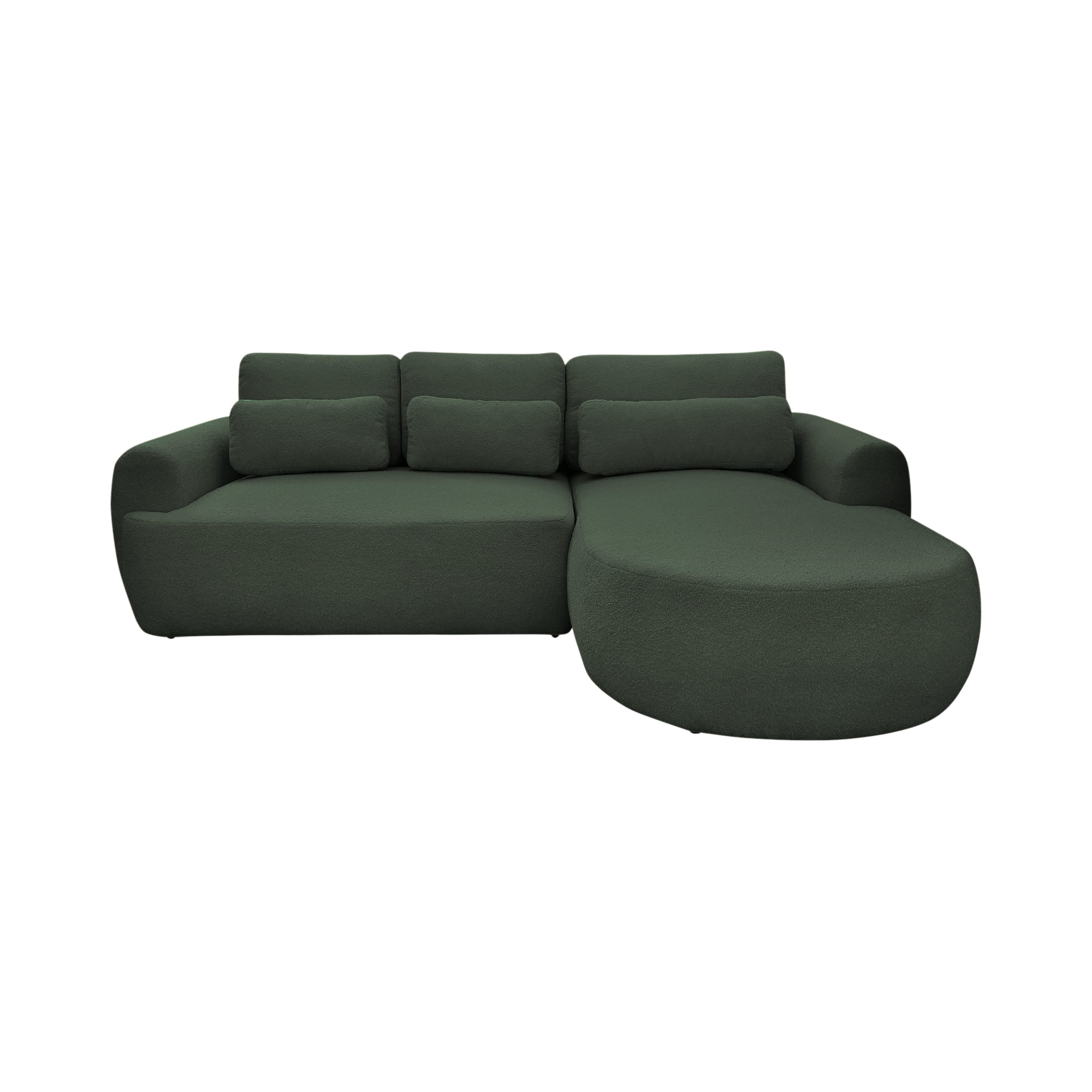 Canapé d'angle droit Aboukir en tissu bouclette vert Paname Avenue, vue de face sur fond blanc