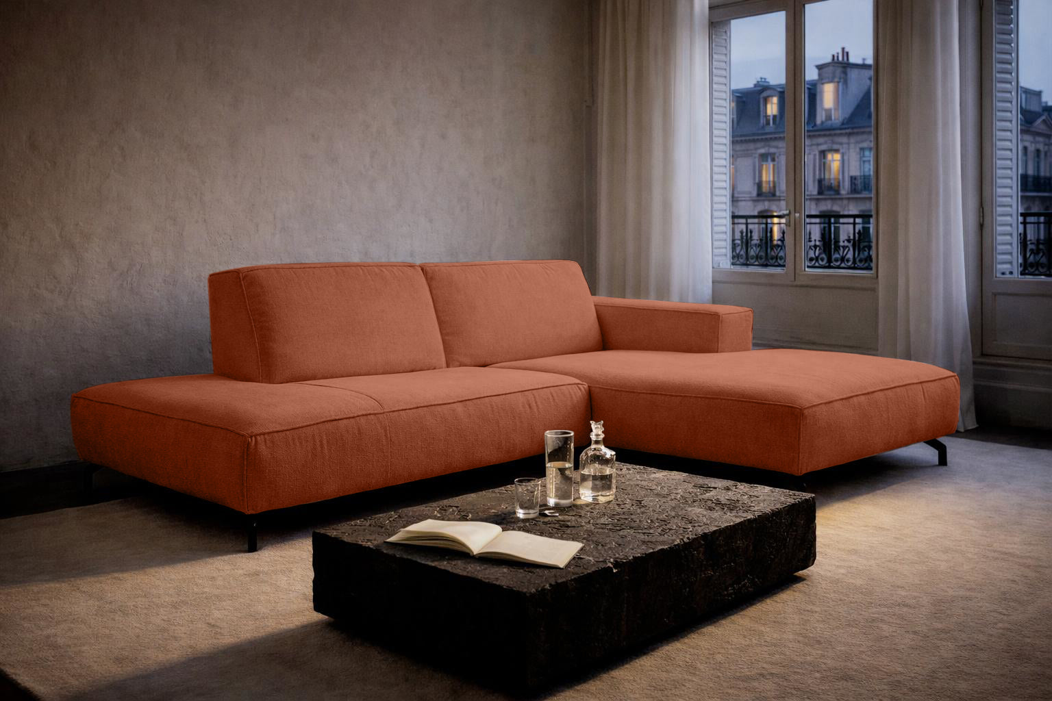 Canapé d’angle droit Blanche en tissu chenille terracotta Paname Avenue, dans un décor inspire d'un quartier parisien