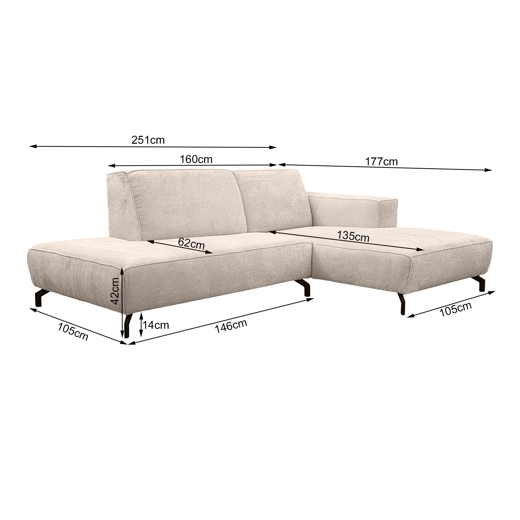 Canapé d’angle droit Blanche en tissu chenille beige Paname Avenue, schéma des dimensions