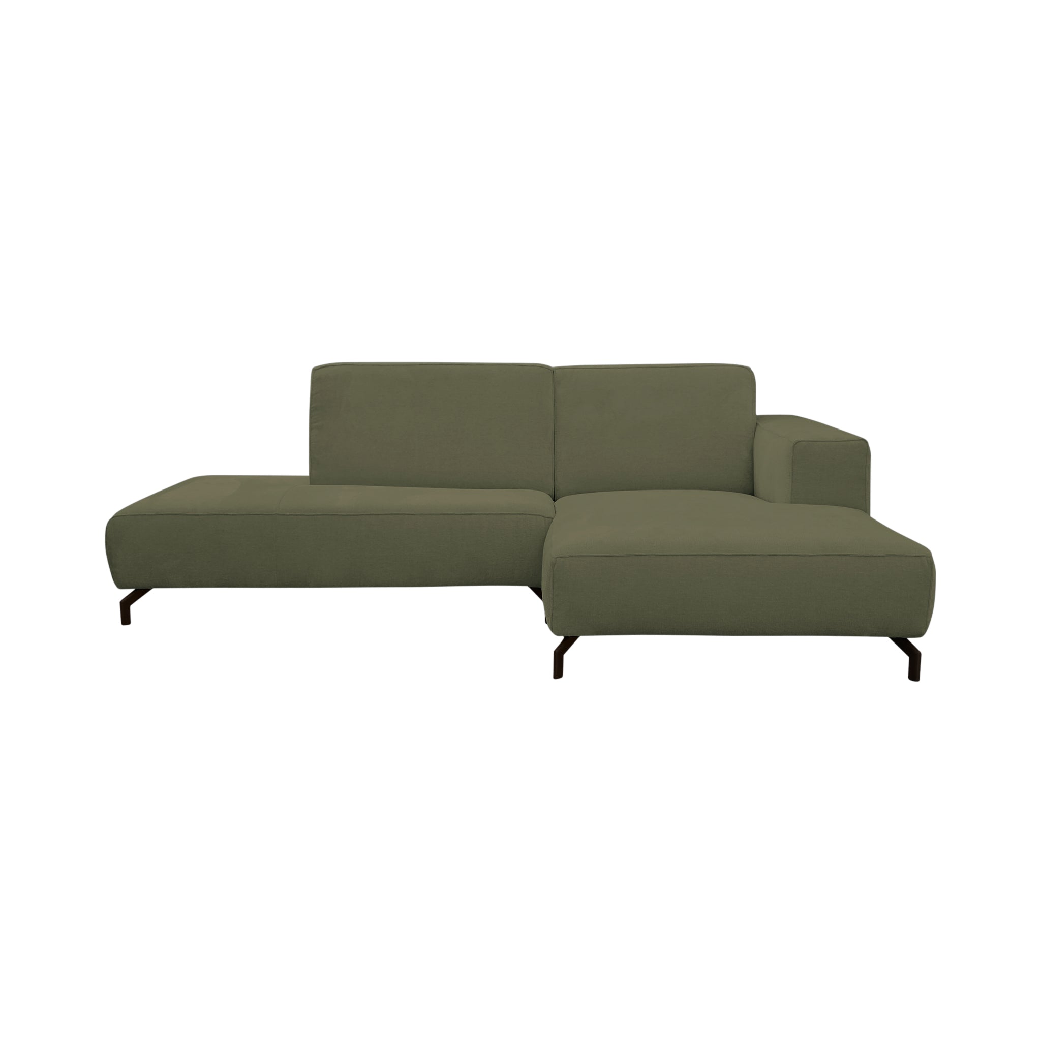 Canapé d’angle droit Blanche en tissu chenille vert olive Paname Avenue, vue de face sur fond blanc
