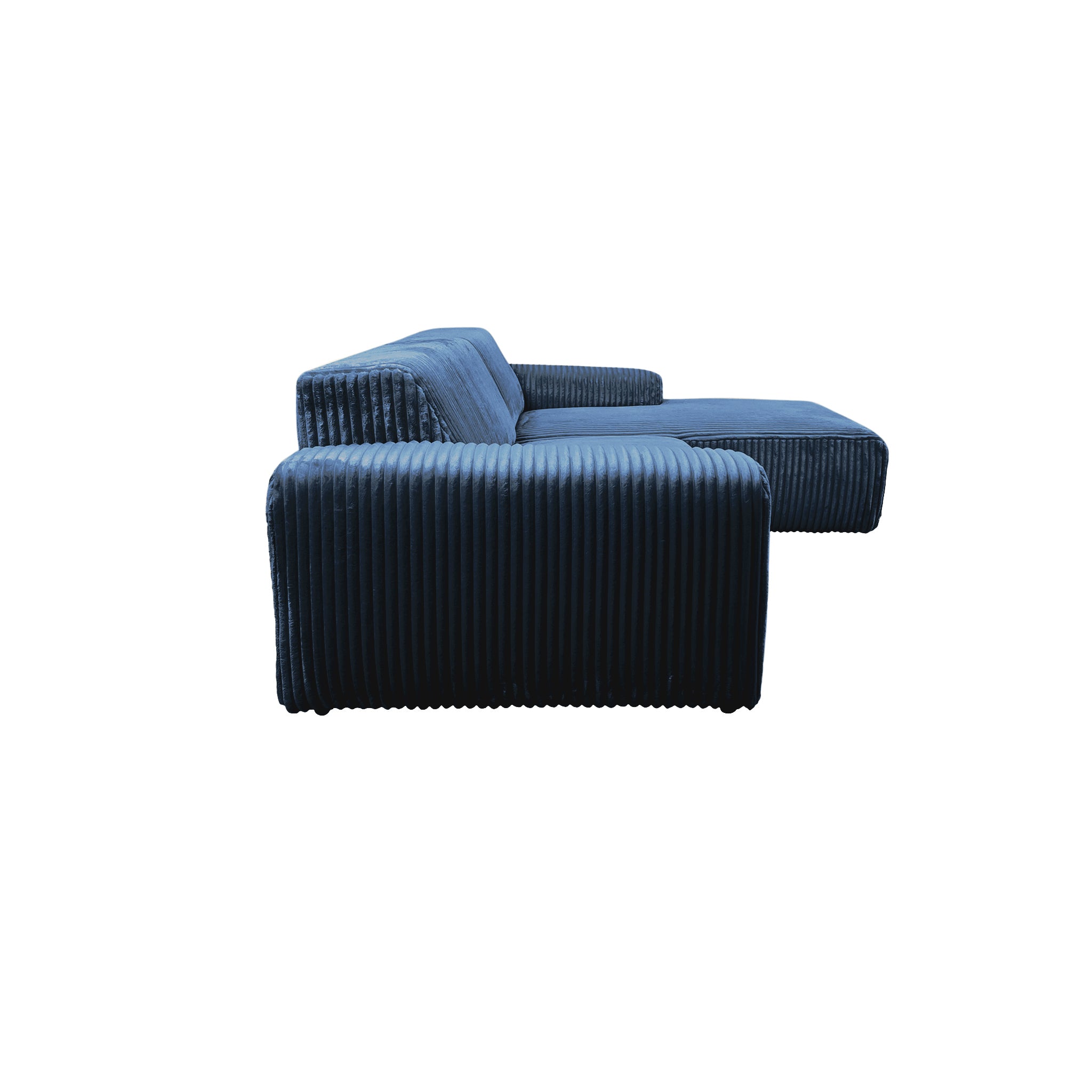 Canapé d’angle droit Bruxelles en tissu gros velours côtelé bleu foncé Paname Avenue, vue de profil sur fond blanc