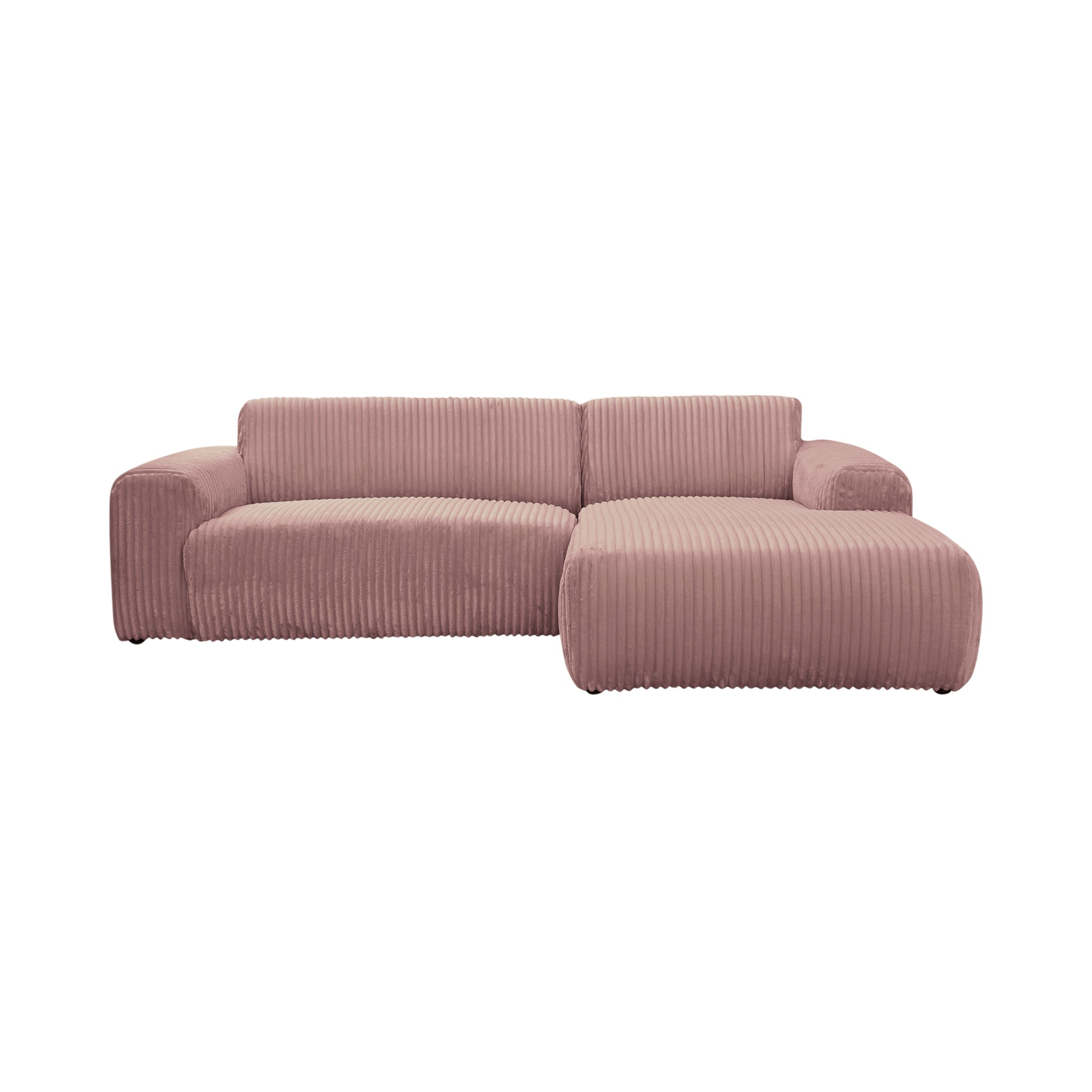 Canapé d’angle droit Bruxelles en tissu gros velours côtelé rose Paname Avenue, vue de face sur fond blanc
