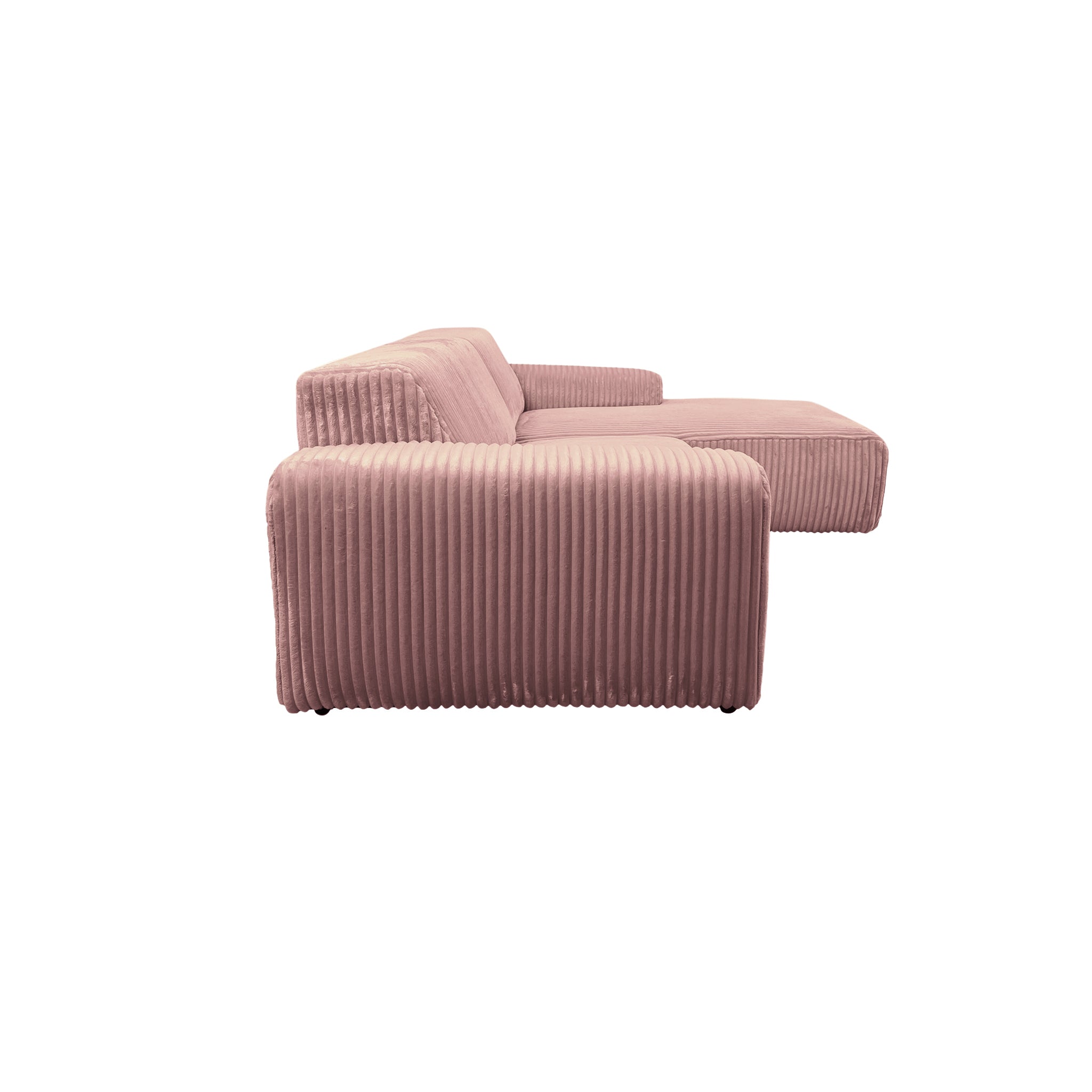 Canapé d’angle droit Bruxelles en tissu gros velours côtelé rose Paname Avenue, vue de profil sur fond blanc