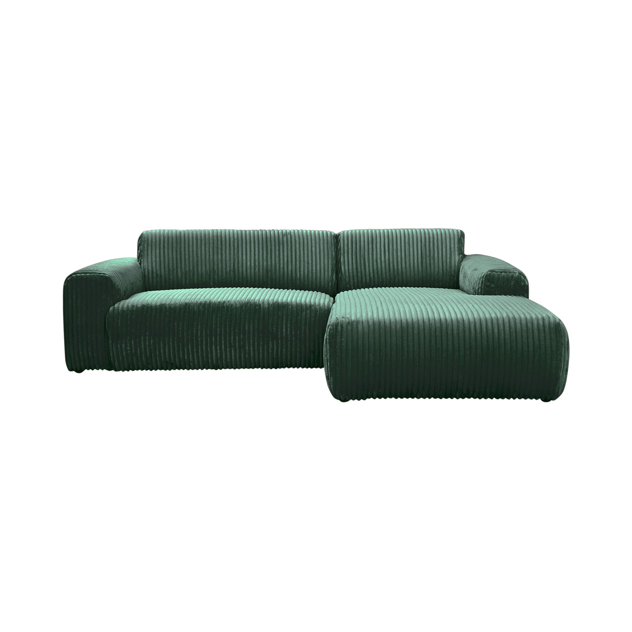 Canapé d’angle droit Bruxelles en tissu gros velours côtelé vert foncé Paname Avenue, vue de face sur fond blanc