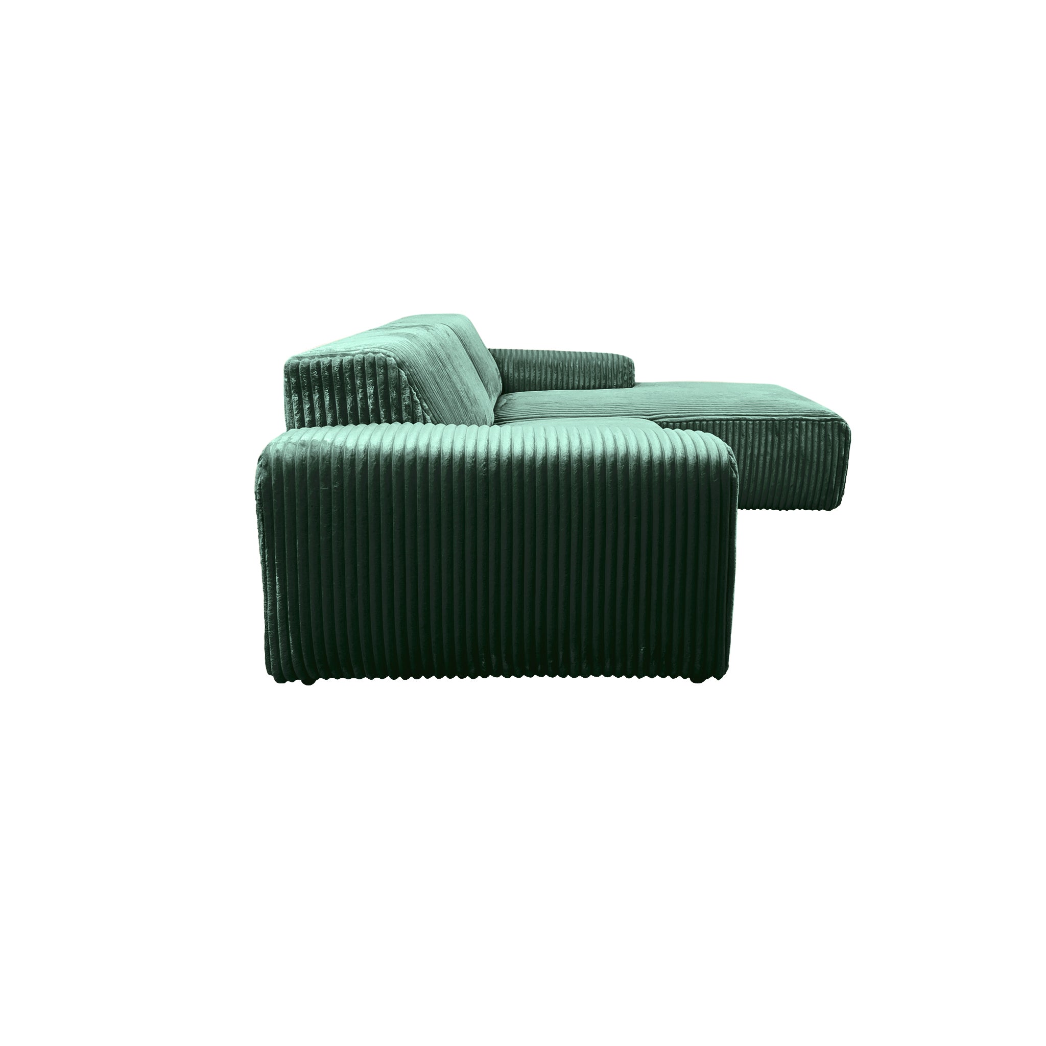 Canapé d’angle droit Bruxelles en tissu gros velours côtelé vert foncé Paname Avenue, vue de profil sur fond blanc