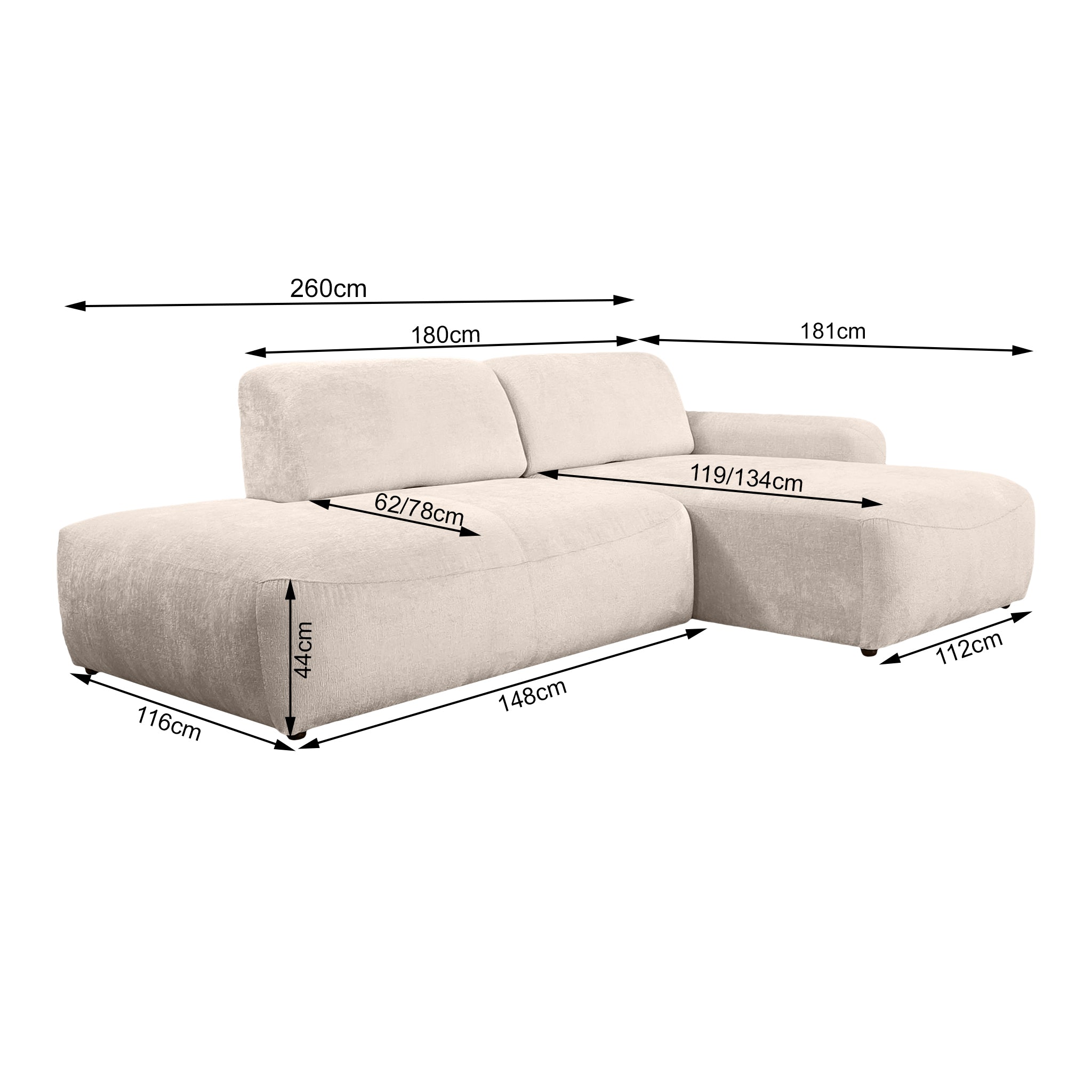Canapé d’angle droit Château d'eau en tissu chenille beige Paname Avenue, schéma des dimensions