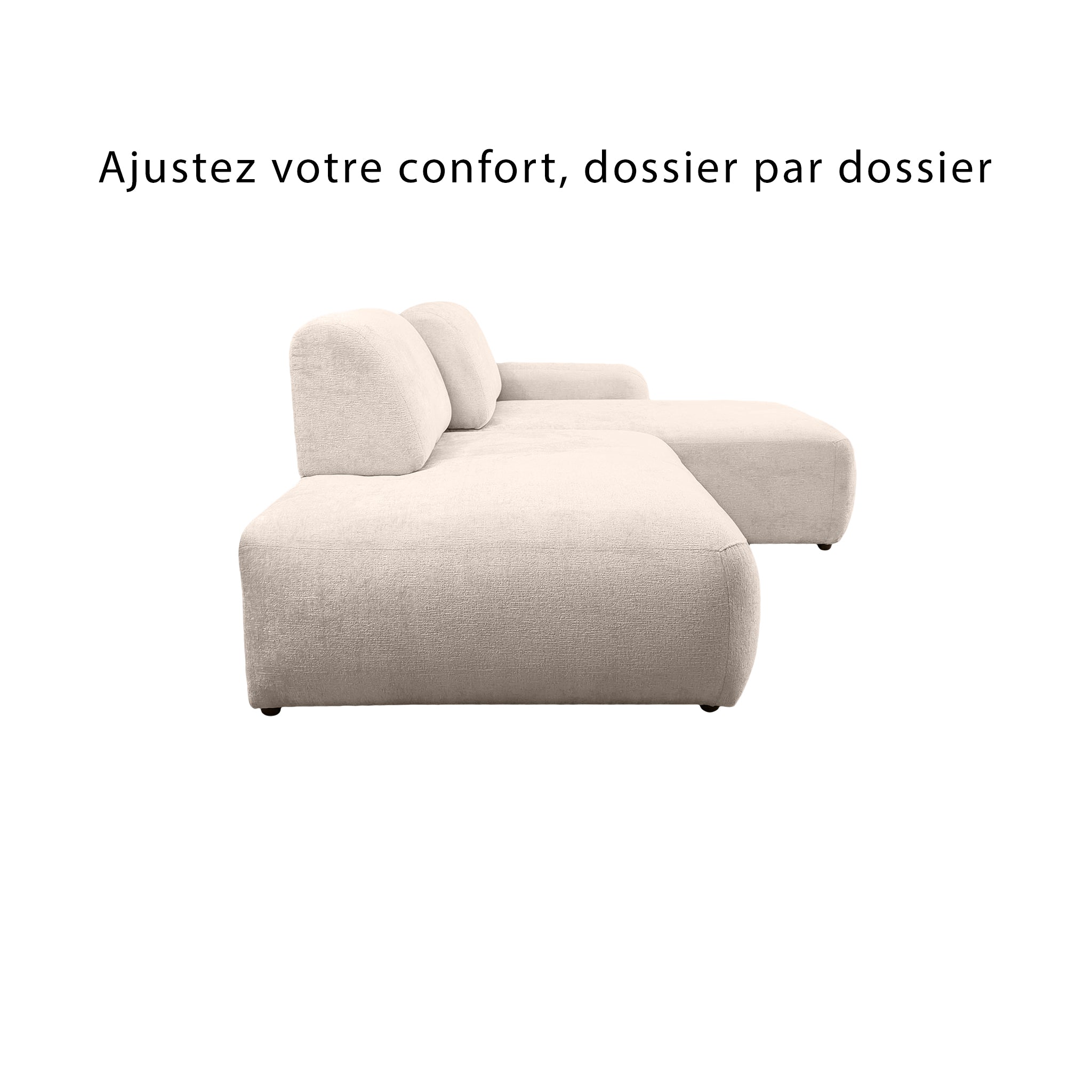 Canapé d’angle droit Château d'eau en tissu chenille beige Paname Avenue, vue de profil avec dossiers ajustables