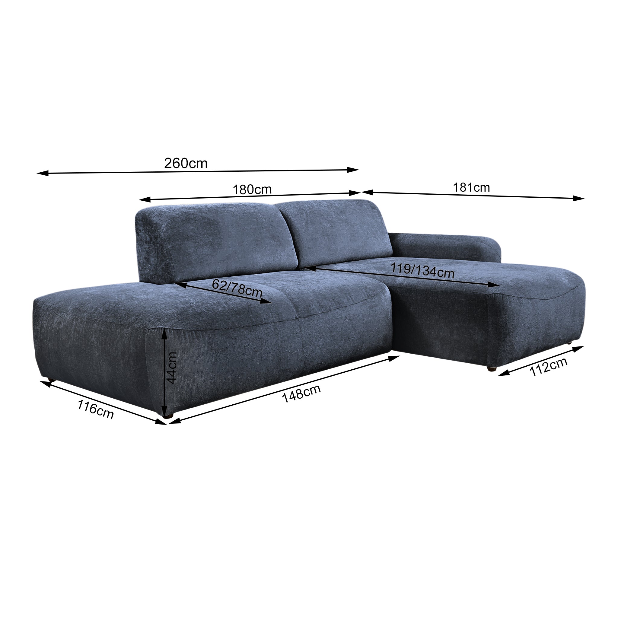 Canapé d’angle droit Château d'eau en tissu chenille bleu Paname Avenue, schéma des dimensions