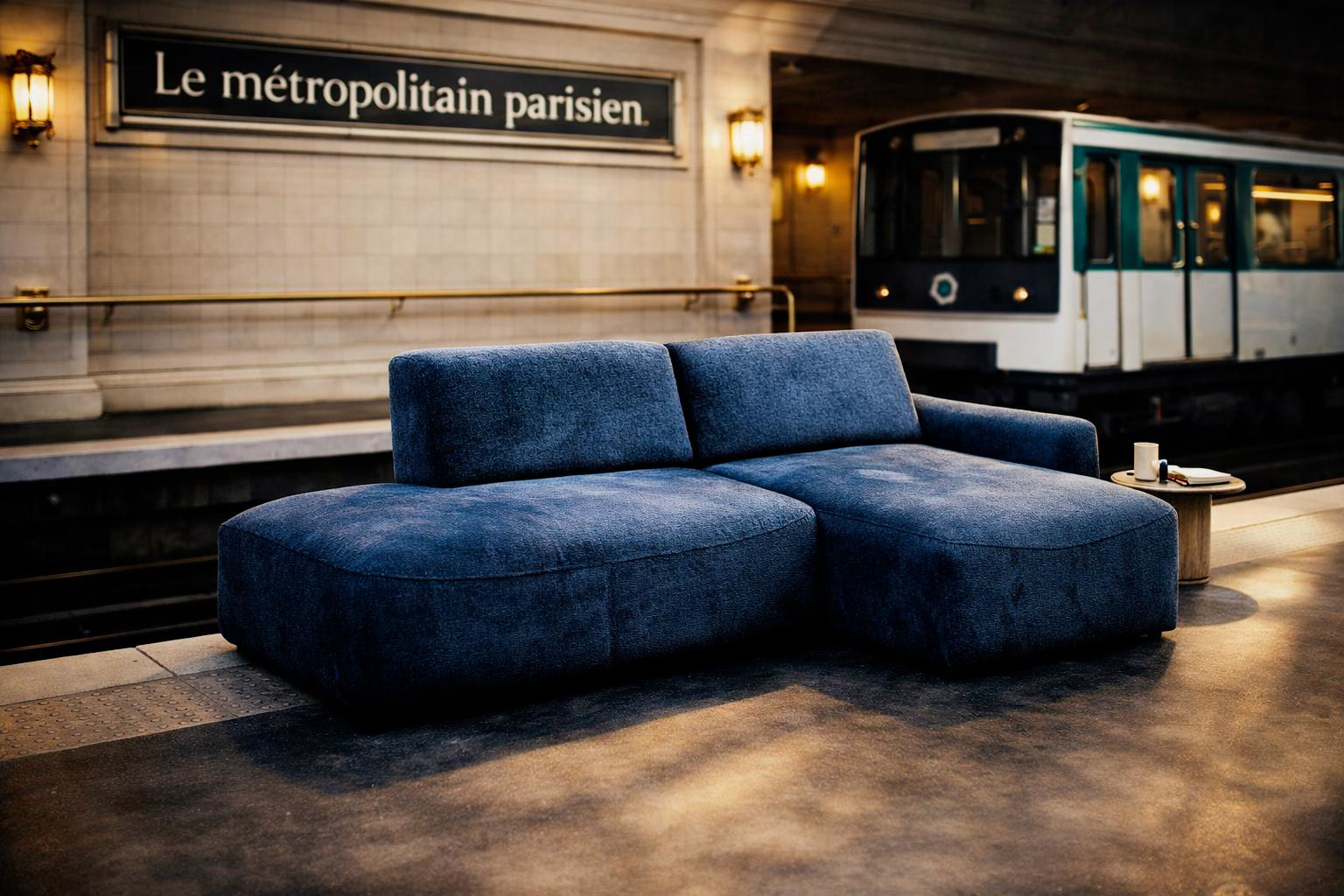 Canapé d'angle Château d'Eau Paname Avenue installé sur un quai de métro parisien, avec rame en arrière-plan et panneau “Le métropolitain parisien”, ambiance urbaine et insolite.