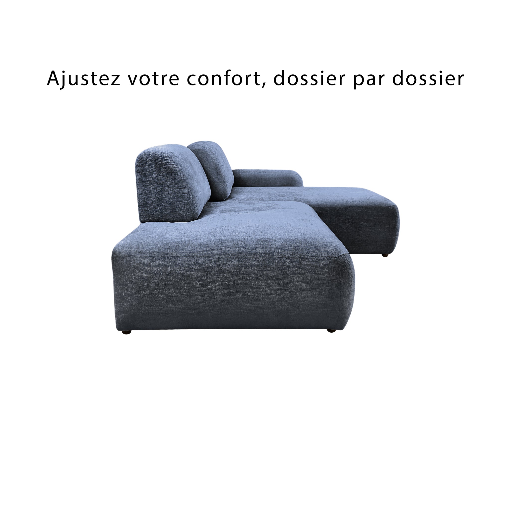 Canapé d’angle droit Château d'eau en tissu chenille bleu Paname Avenue, vue de profil avec dossiers ajustables