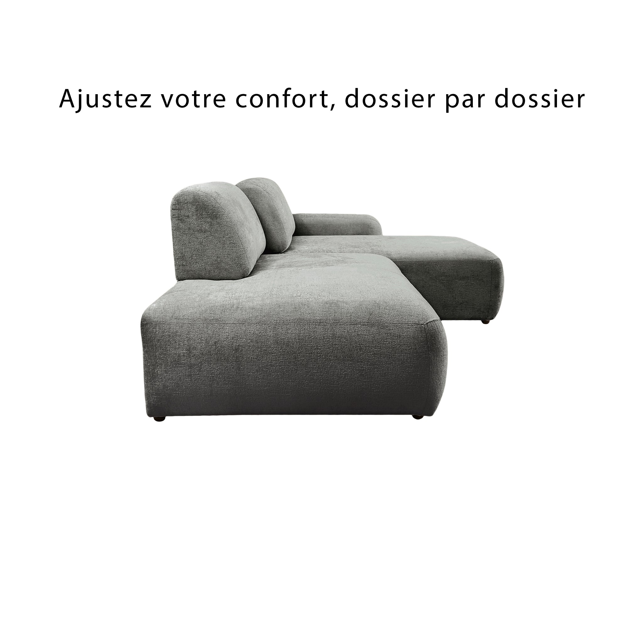 Canapé d’angle droit Château d'eau en tissu chenille gris Paname Avenue, vue de profil avec dossiers ajustables