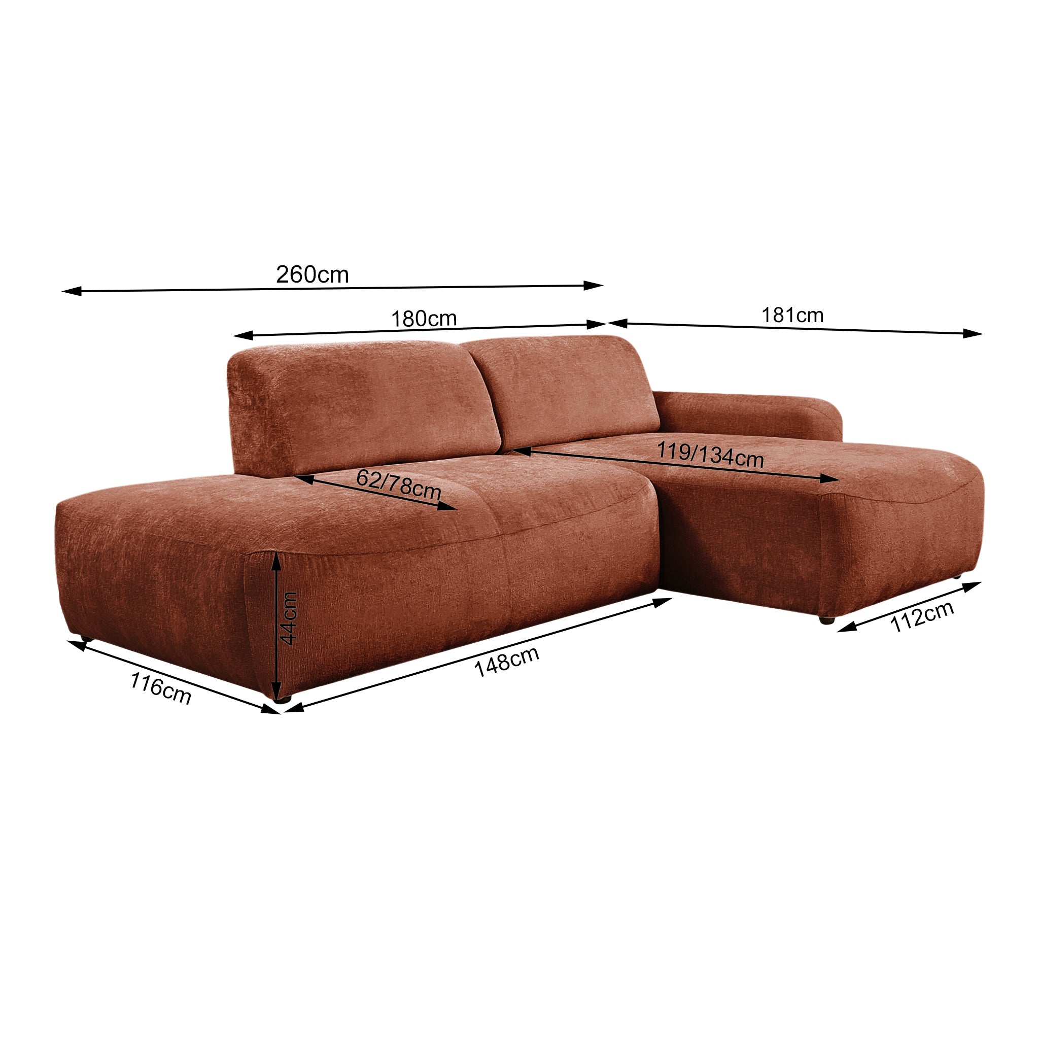 Canapé d’angle droit Château d'eau en tissu chenille terracotta Paname Avenue, schéma des dimensions