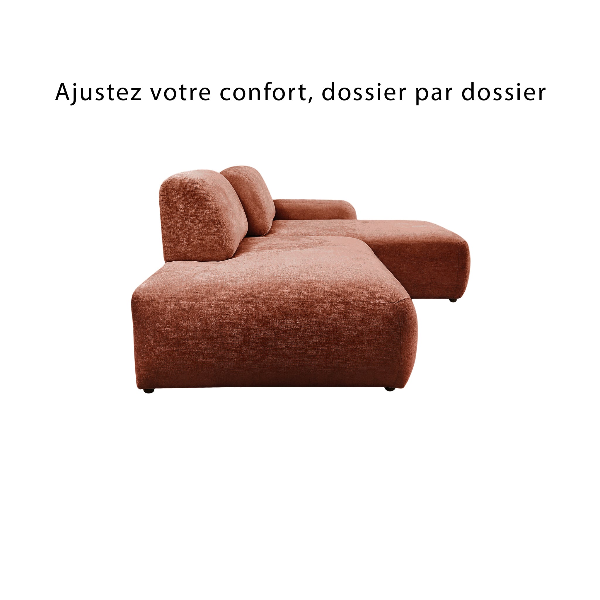 Canapé d’angle droit Château d'eau en tissu chenille terracotta Paname Avenue, vue de profil avec dossiers ajustables
