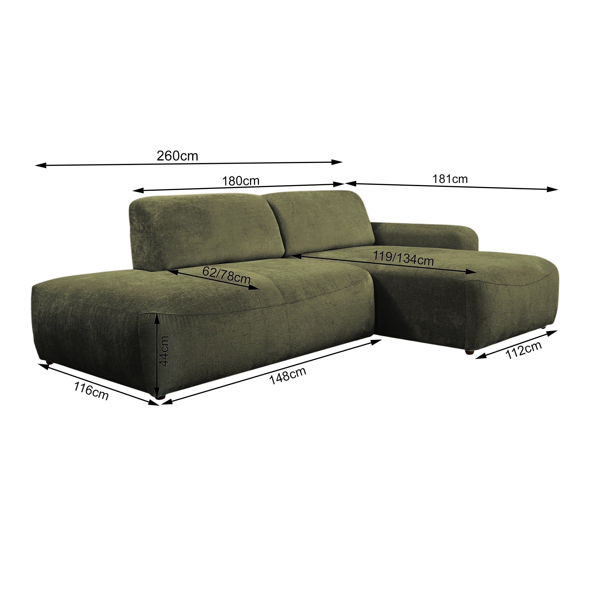 Canapé d’angle droit Château d'eau en tissu chenille vert olive Paname Avenue, schéma des dimensions