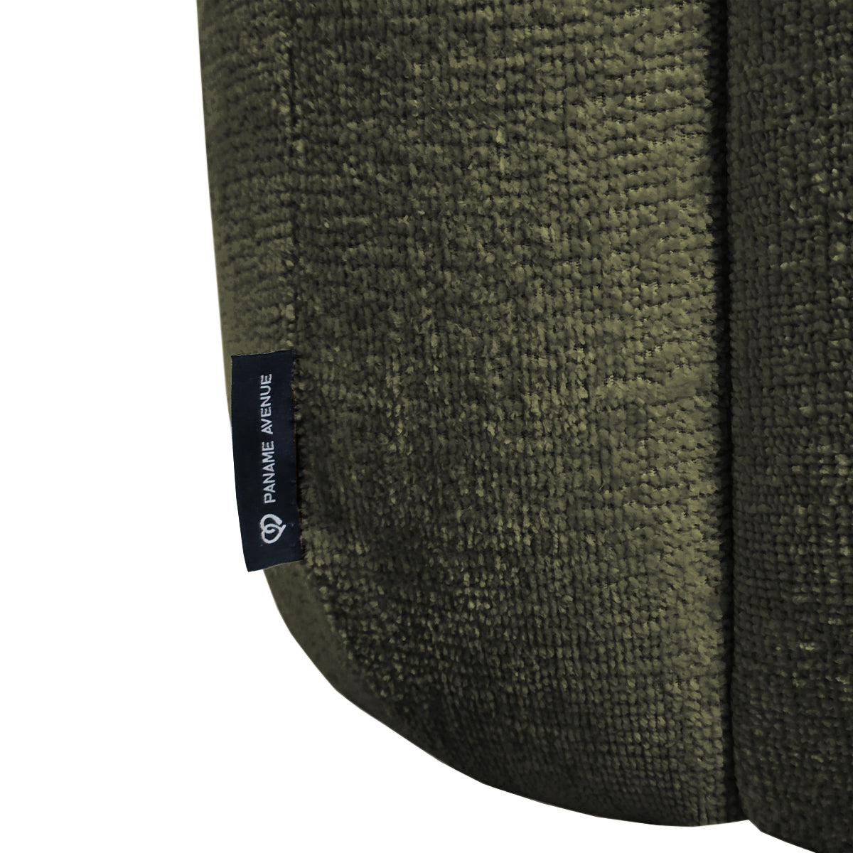 Canapé d’angle droit Château d'eau en tissu chenille vert olive Paname Avenue, détail du label de la marque