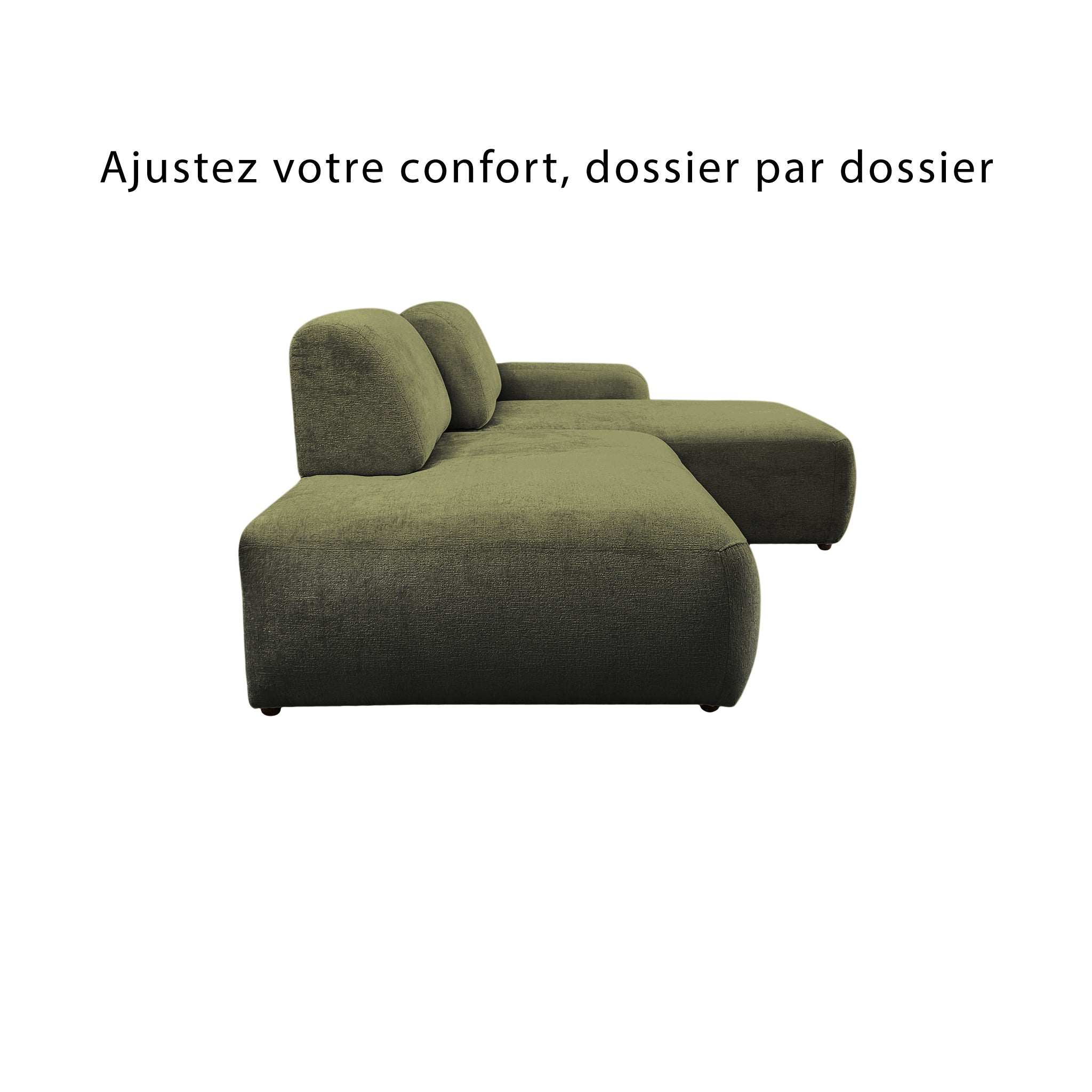 Canapé d’angle droit Château d'eau en tissu chenille vert olive Paname Avenue, vue de profil avec dossiers ajustables