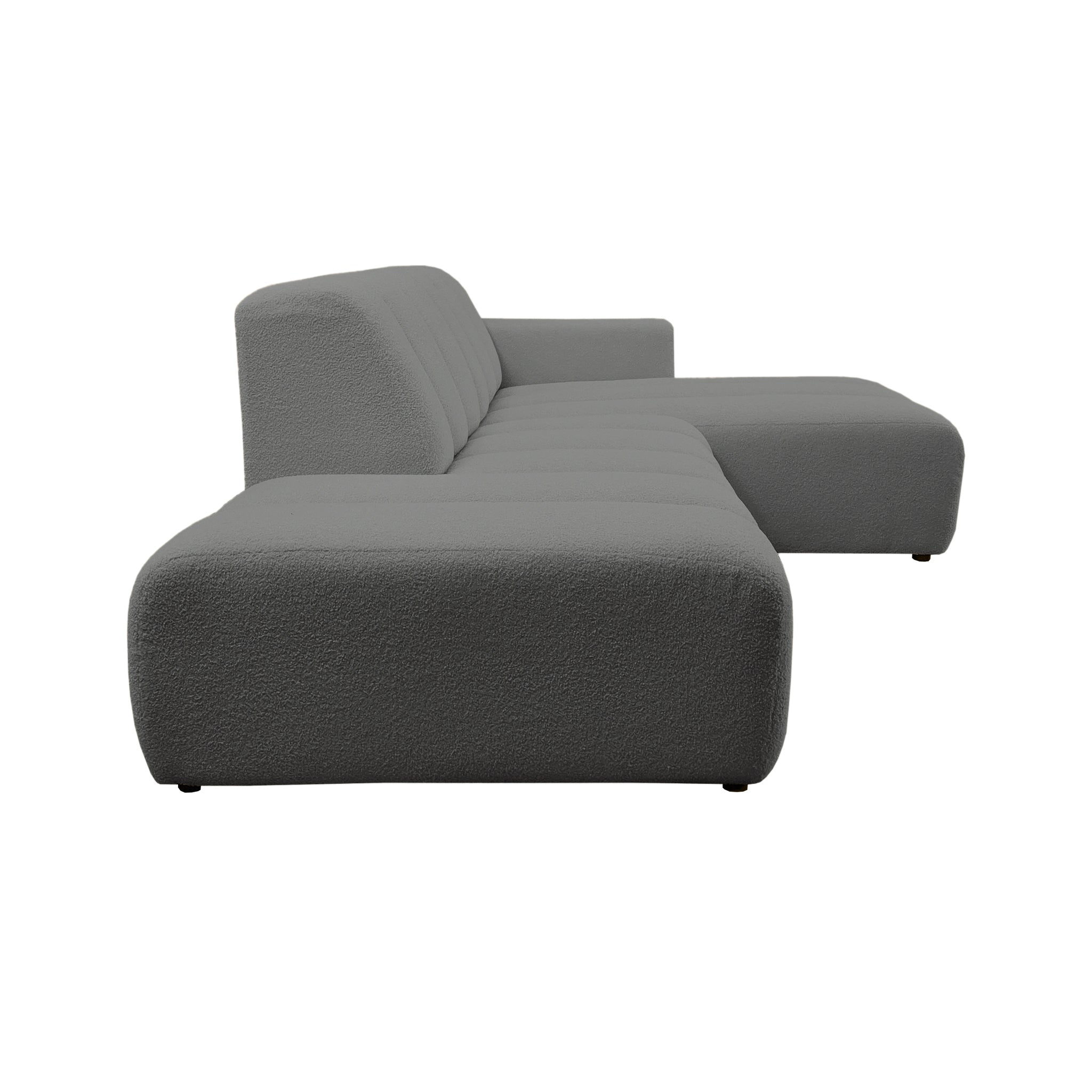 Canapé d’angle droit Chemin-Vert en tissu bouclette anthracite Paname Avenue, vue de profil sur fond blanc