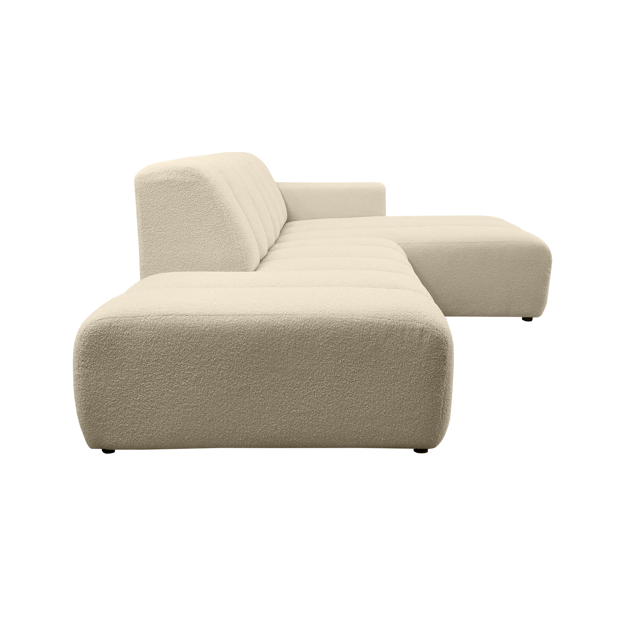Canapé d’angle droit Chemin-Vert en tissu bouclette beige Paname Avenue, vue de profil sur fond blanc