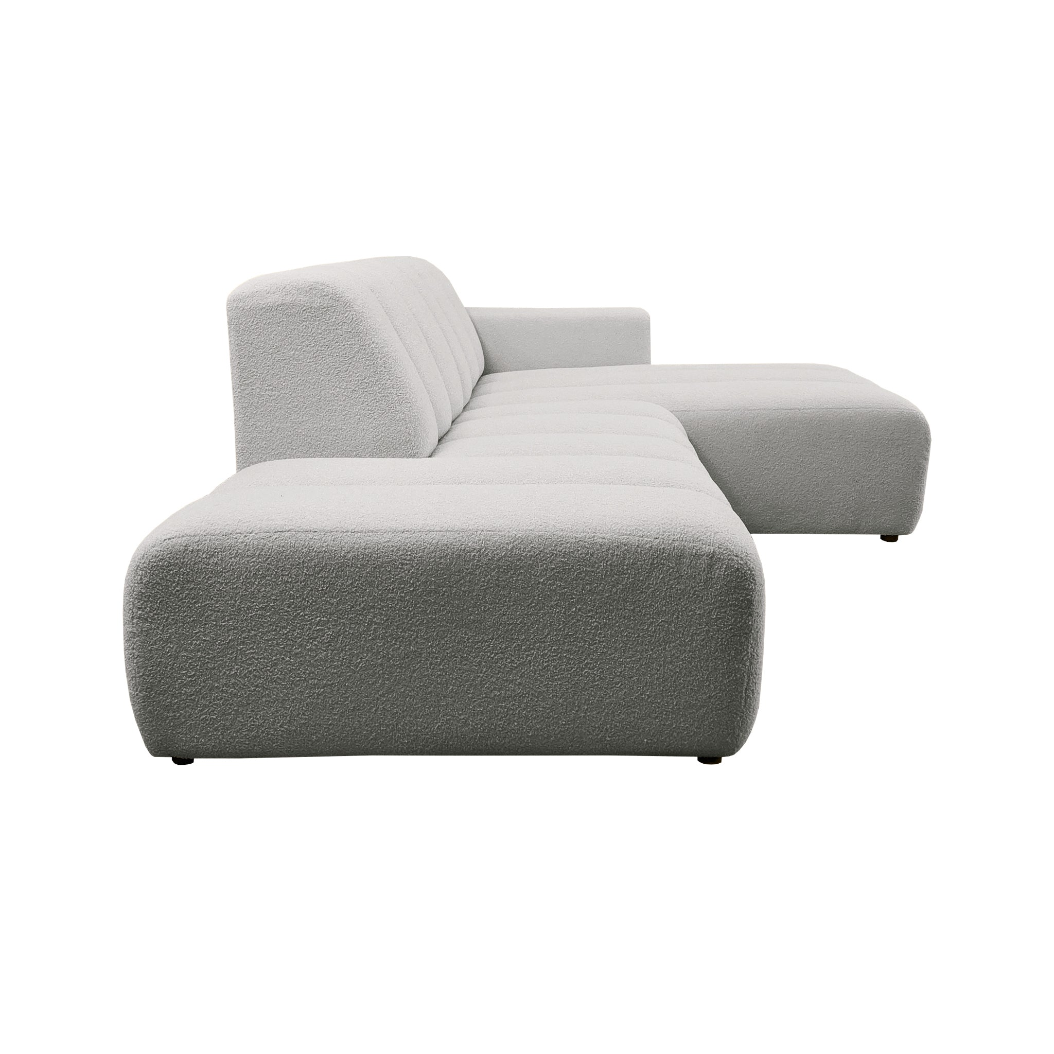 Canapé d’angle droit Chemin-Vert en tissu bouclette gris clair Paname Avenue, vue de profil sur fond blanc