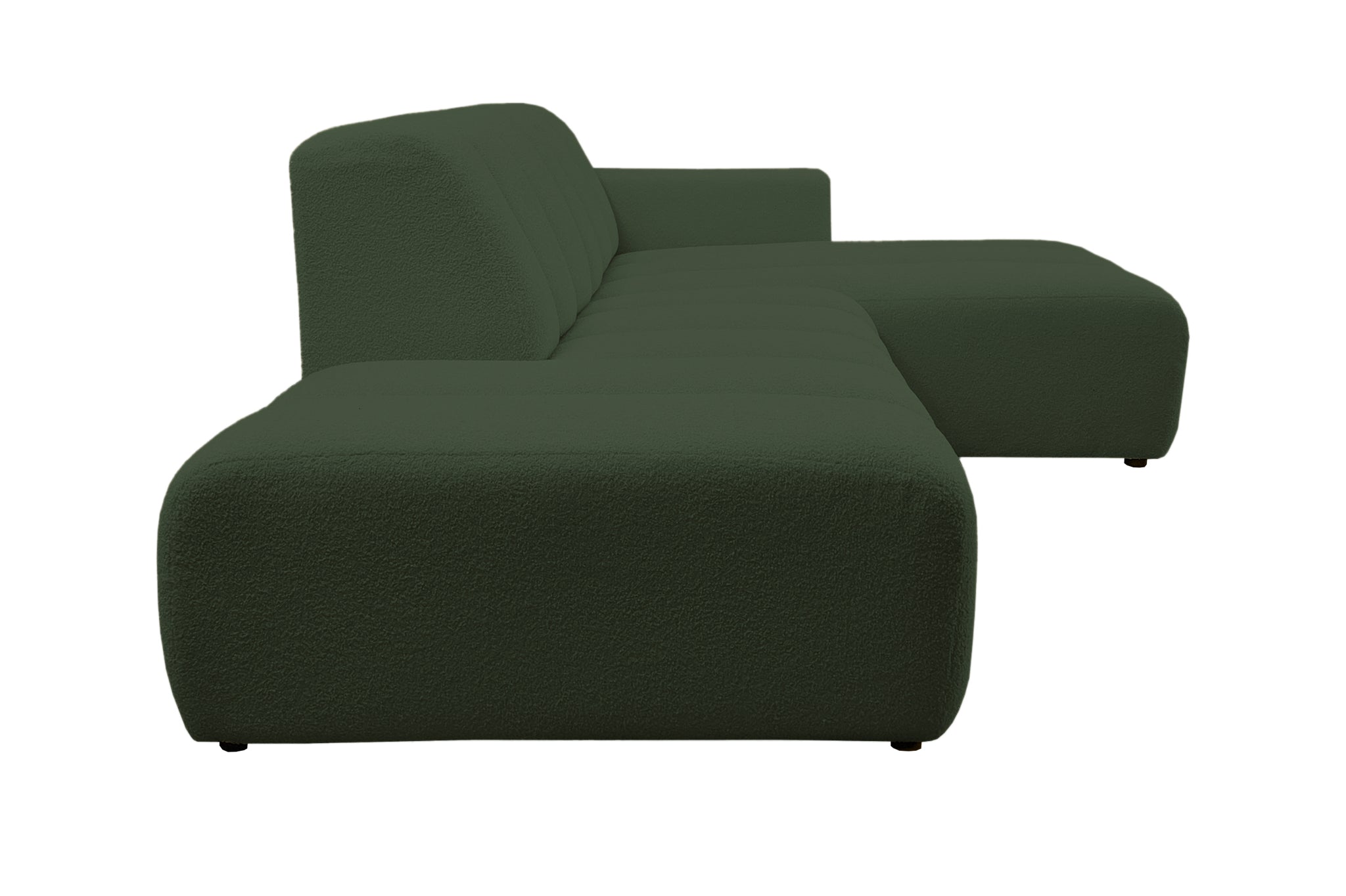 Canapé d’angle droit Chemin-Vert en tissu bouclette vert Paname Avenue, vue de profil sur fond blanc