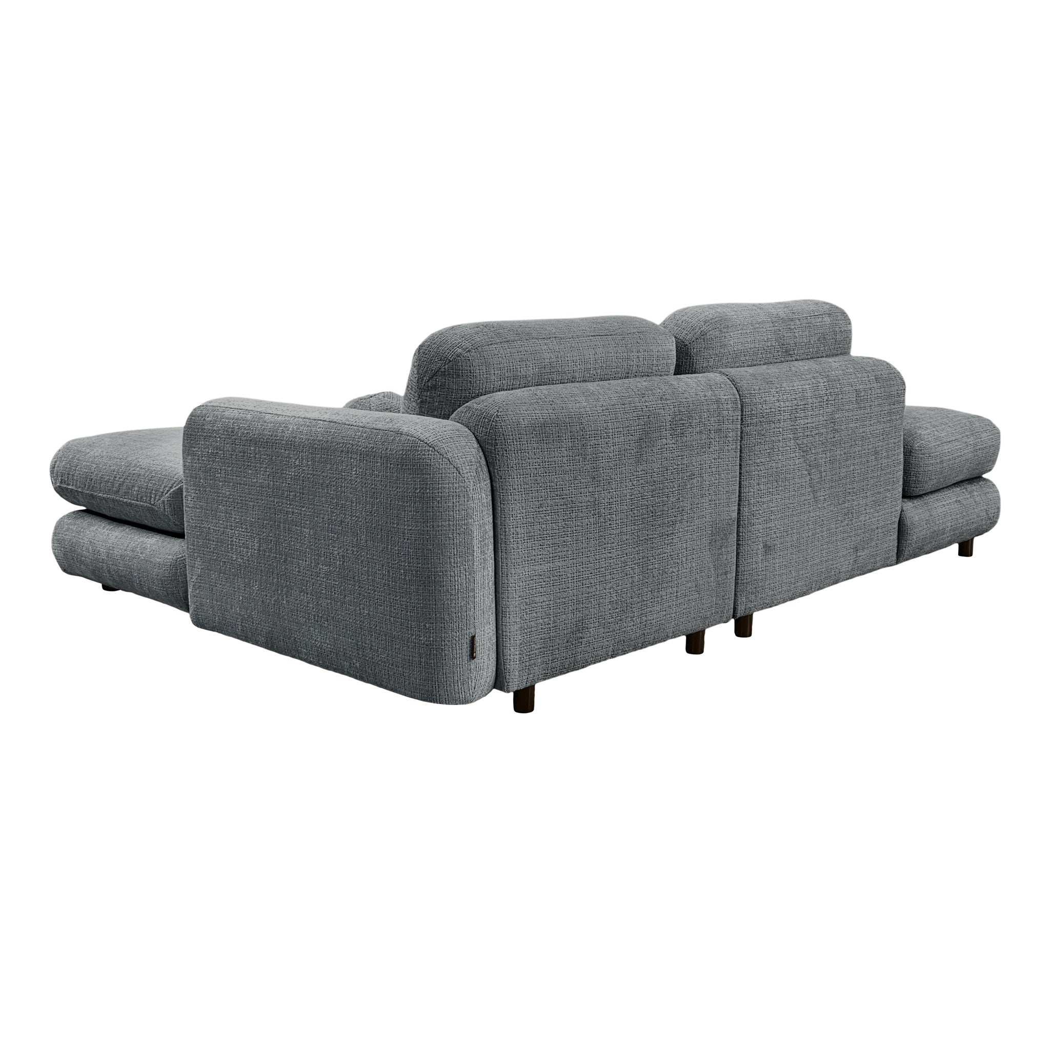 Canapé d’angle droit Clef en tissu chenille anthracite Paname Avenue, vue trois-quarts de dos sur fond blanc