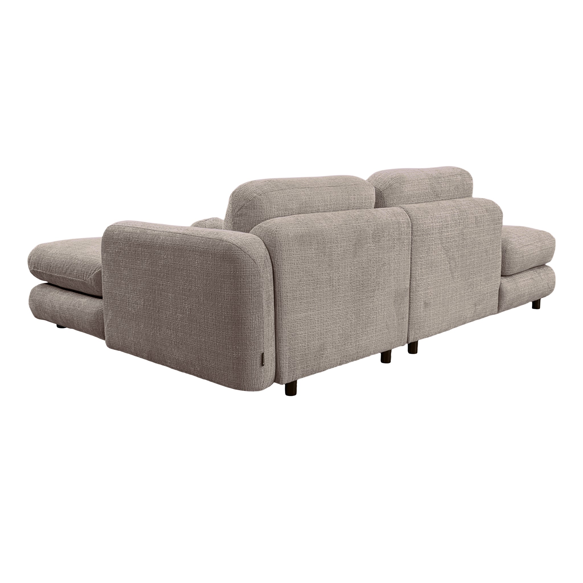 Canapé d’angle droit Clef en tissu chenille taupe Paname Avenue, vue trois-quarts de dos sur fond blanc