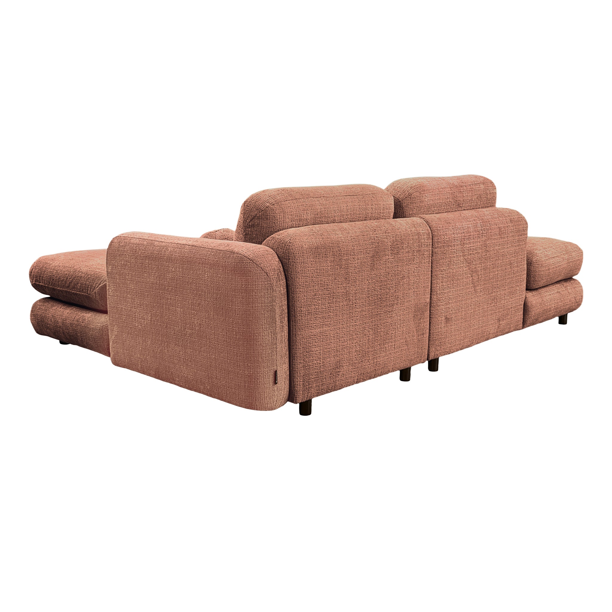 Canapé d’angle droit Clef en tissu chenille terracotta Paname Avenue, vue trois-quarts de dos sur fond blanc