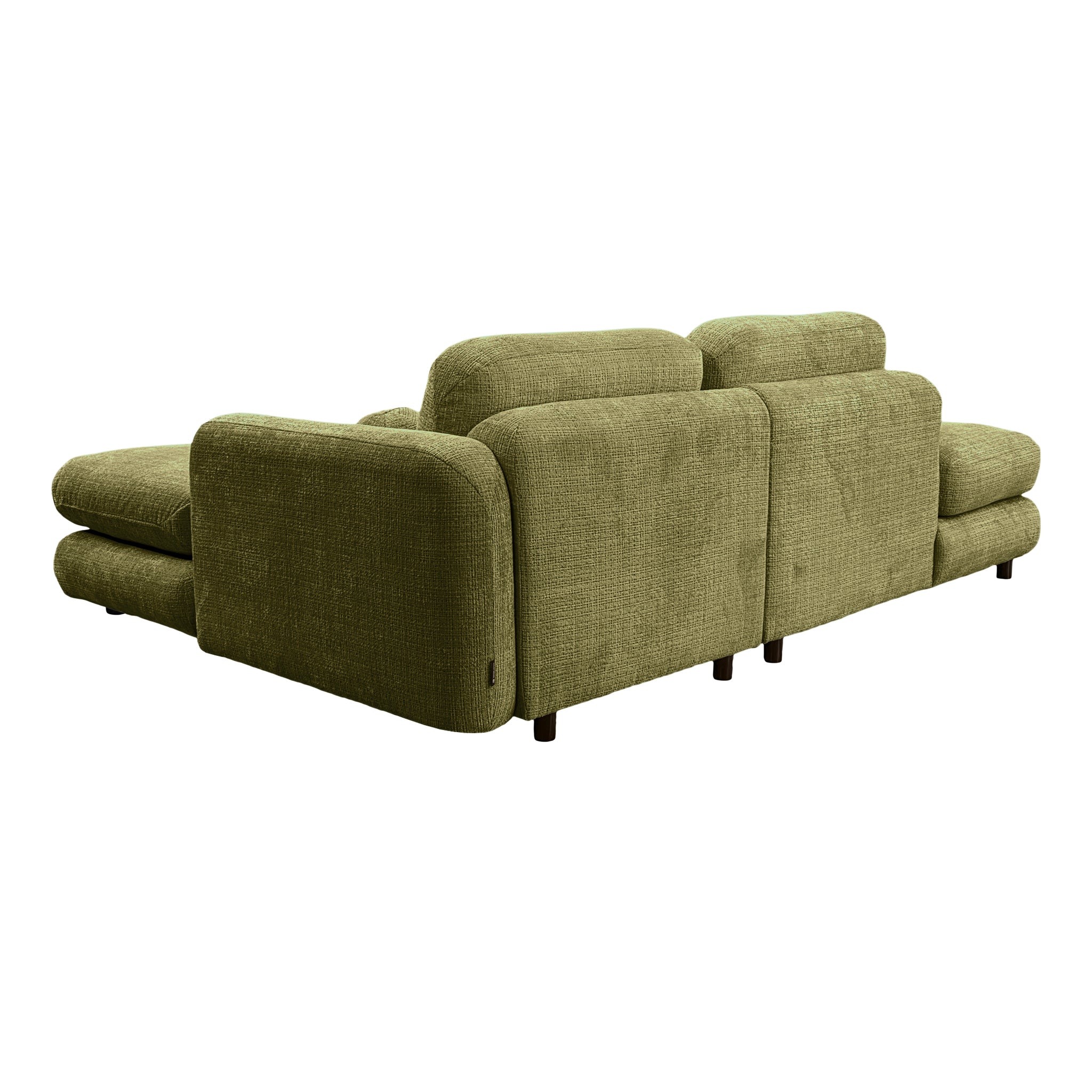 Canapé d’angle droit Clef en tissu chenille vert olive Paname Avenue, vue trois-quarts de dos sur fond blanc