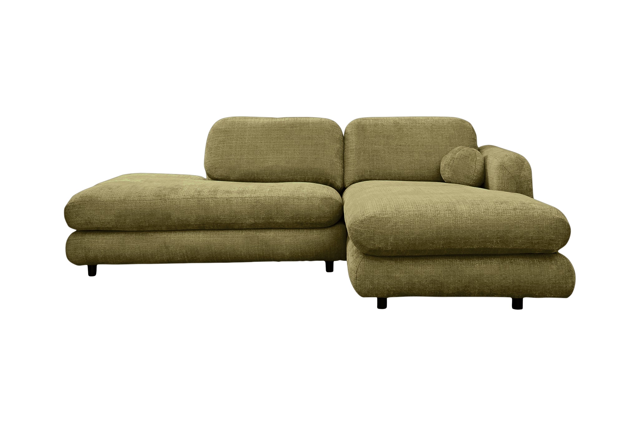Canapé d’angle droit Clef en tissu chenille vert olive Paname Avenue, vue de face sur fond blanc