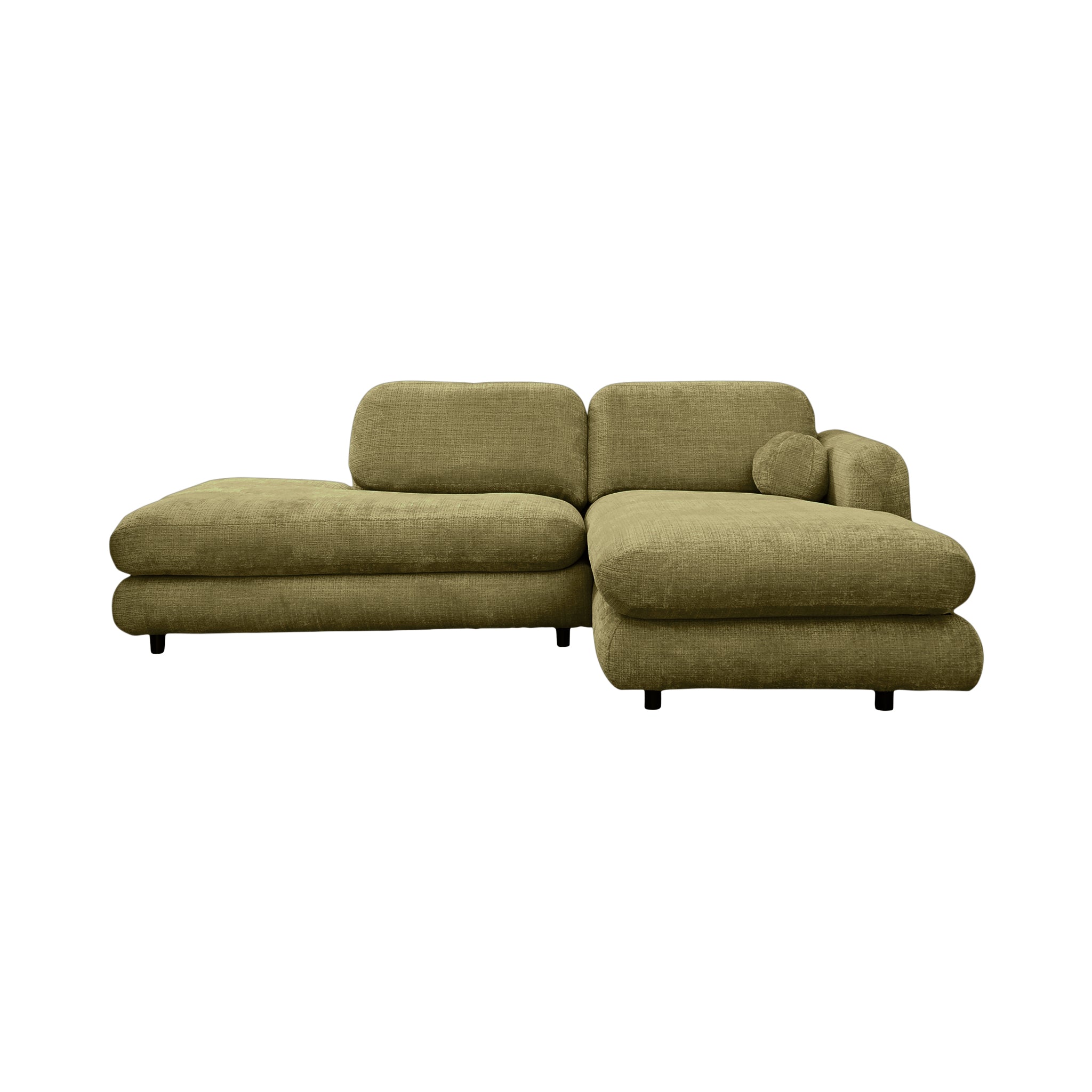 Canapé d’angle droit Clef en tissu chenille vert olive Paname Avenue, vue de face sur fond blanc