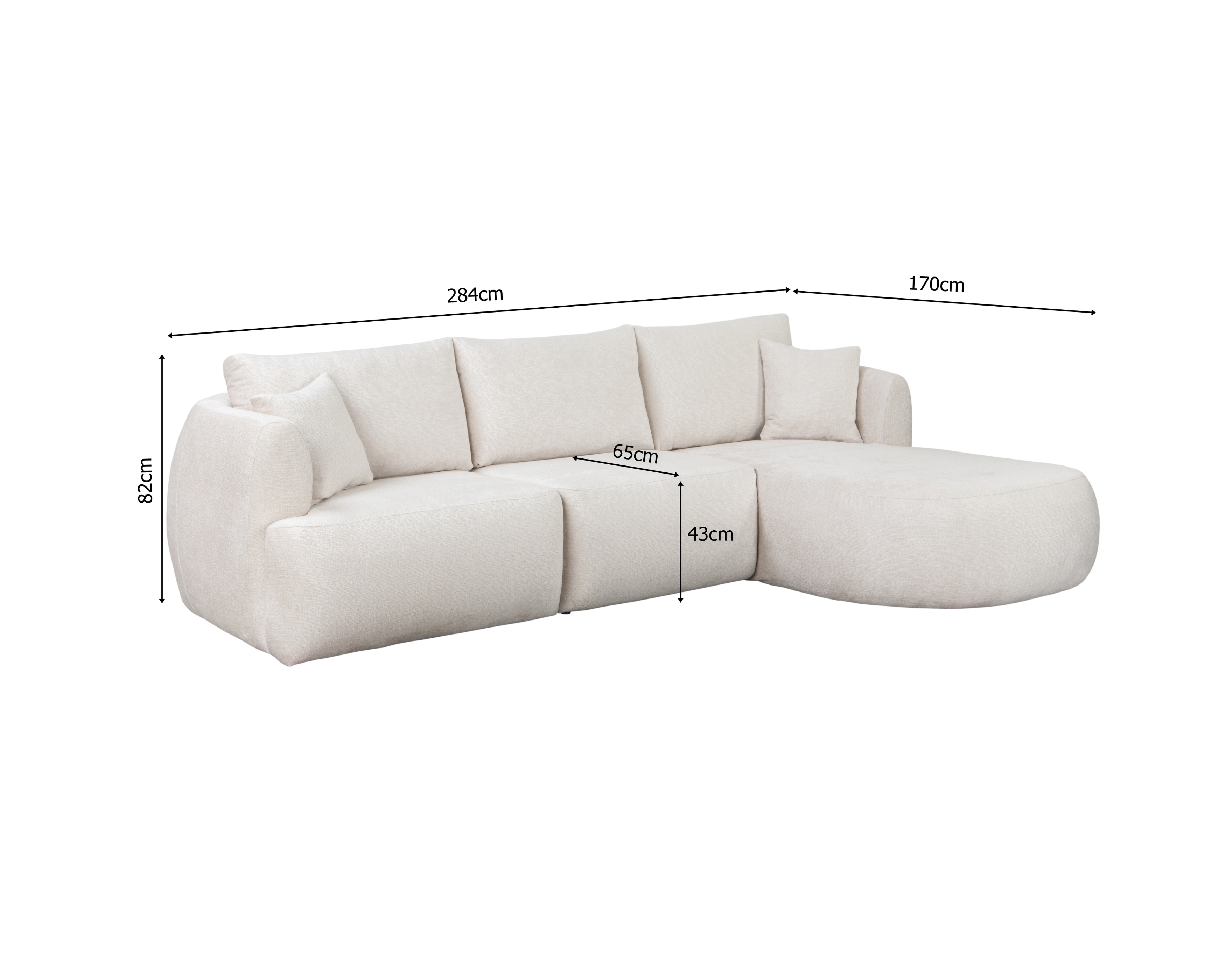 Canapé d’angle droit Lepic en tissu chenille beige Paname Avenue, schéma des dimensions