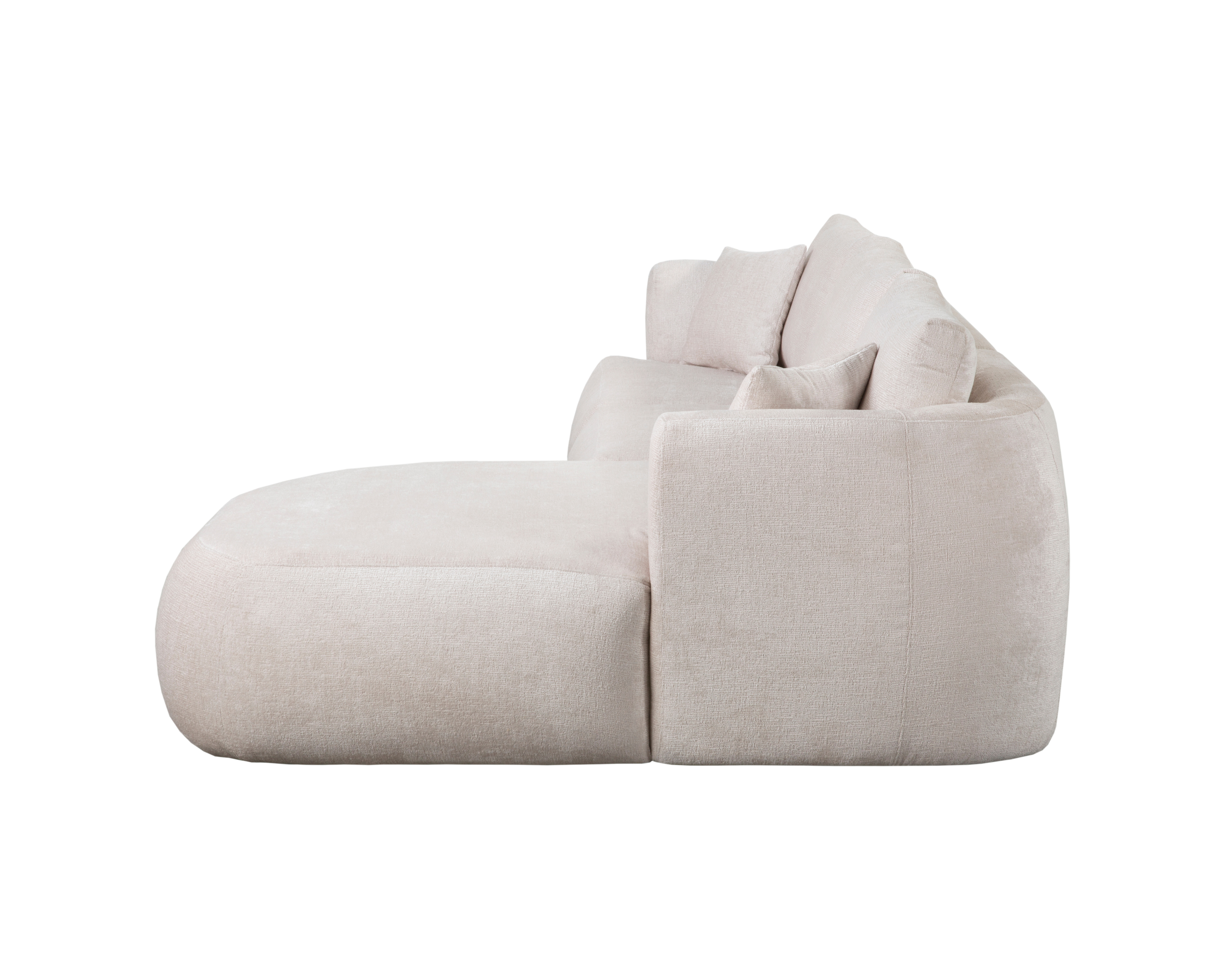 Canapé d’angle droit Lepic en tissu chenille beige Paname Avenue, vue de profil avec méridienne