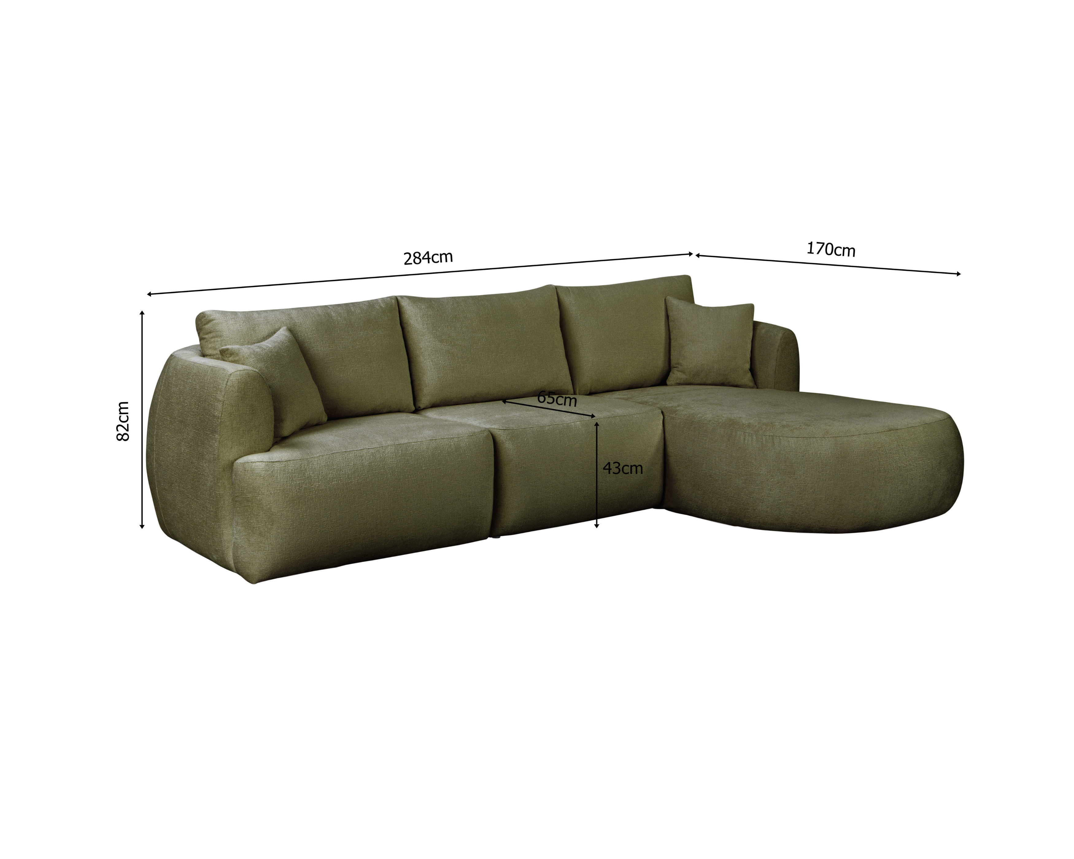 Canapé d’angle droit Lepic en tissu chenille vert olive Paname Avenue, schéma des dimensions