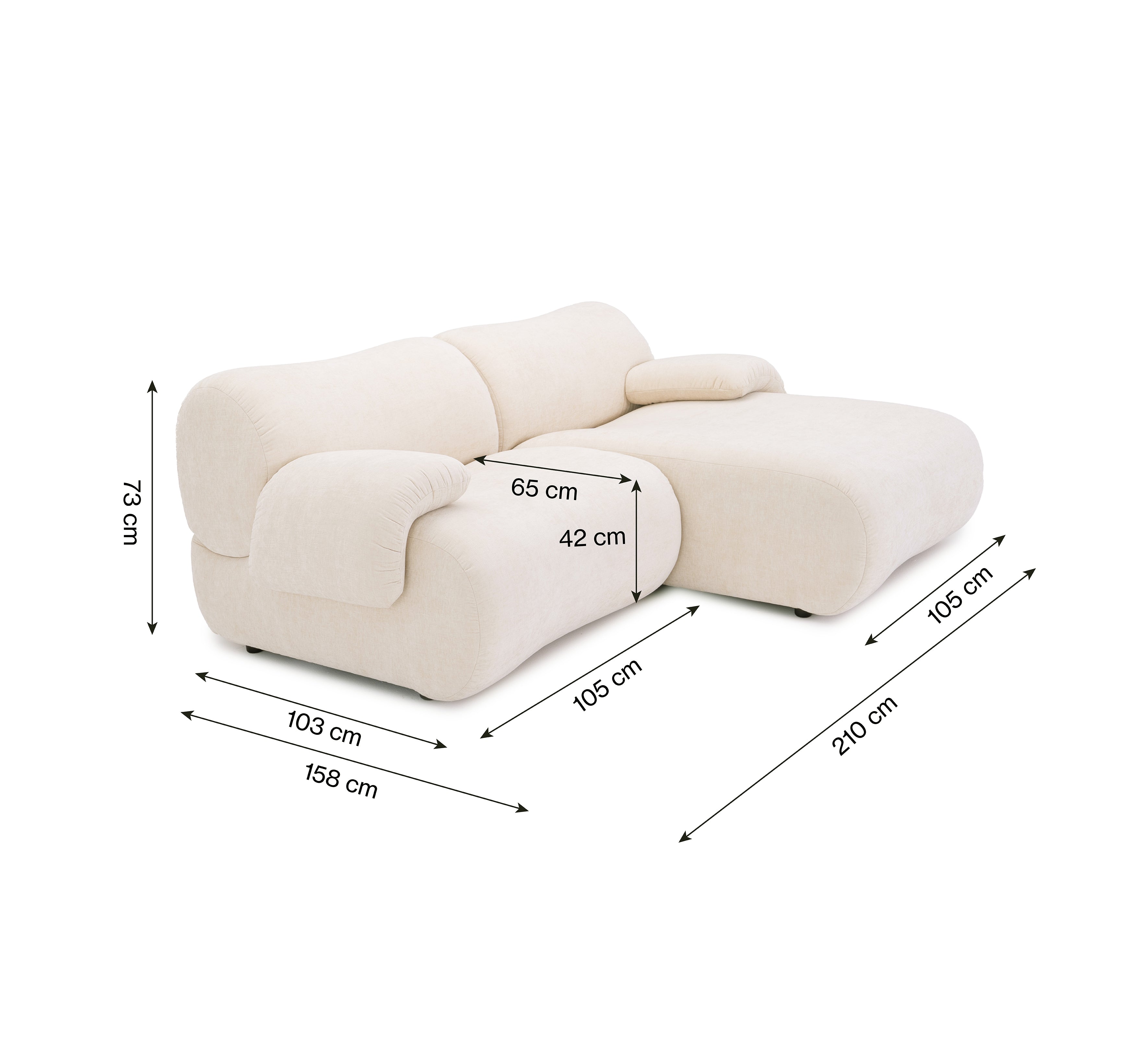 Canapé d’angle droit Pot-de-Fer en tissu chenille beige Paname Avenue, schéma des dimensions