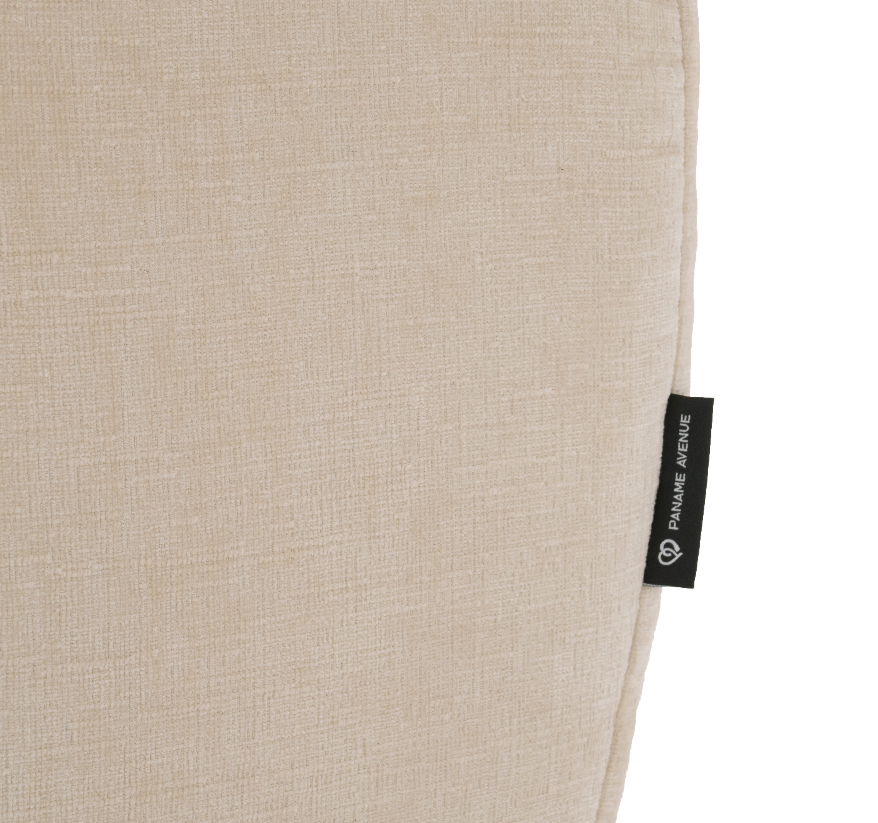 Canapé d’angle droit Pot-de-Fer en tissu chenille beige Paname Avenue, détail du label de la marque