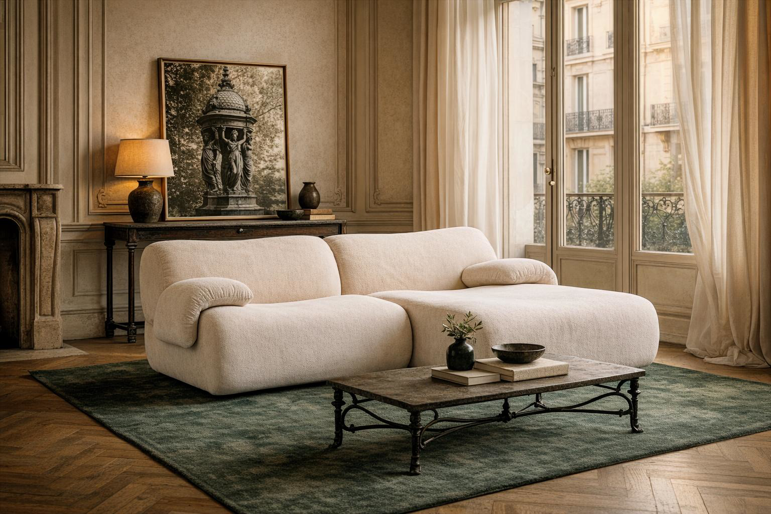 Canapé d’angle Pot de fer de Paname Avenue en tissu beige posé sur tapis vert foncé dans un salon parisien haussmannien aux moulures élégantes, table basse en fer forgé et photographie encadrée d’une fontaine Wallace en arrière-plan, lumière naturelle douce de fin de journée.
