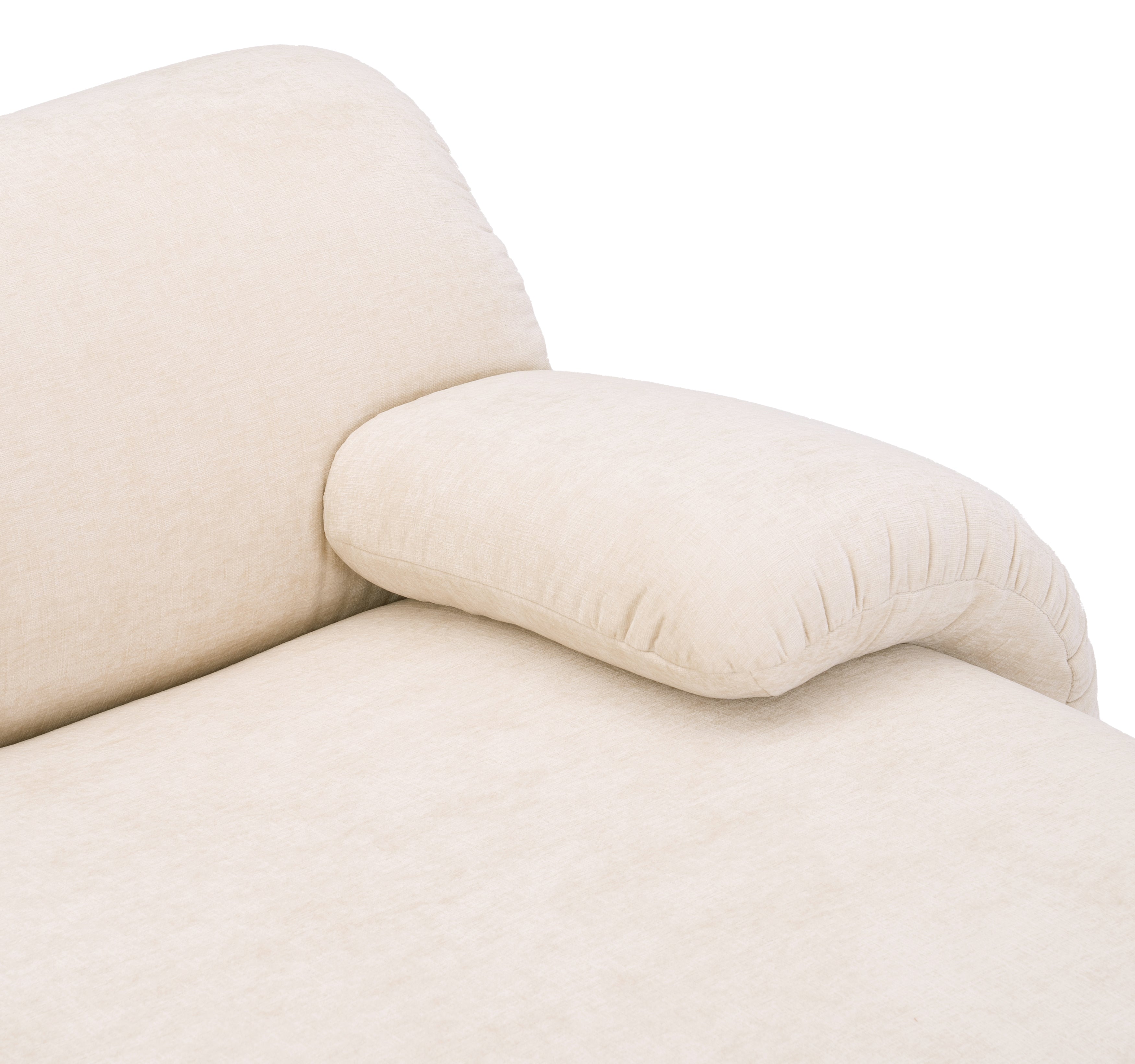 Canapé d’angle droit Pot-de-Fer en tissu chenille beige Paname Avenue, zoom sur l’accoudoir