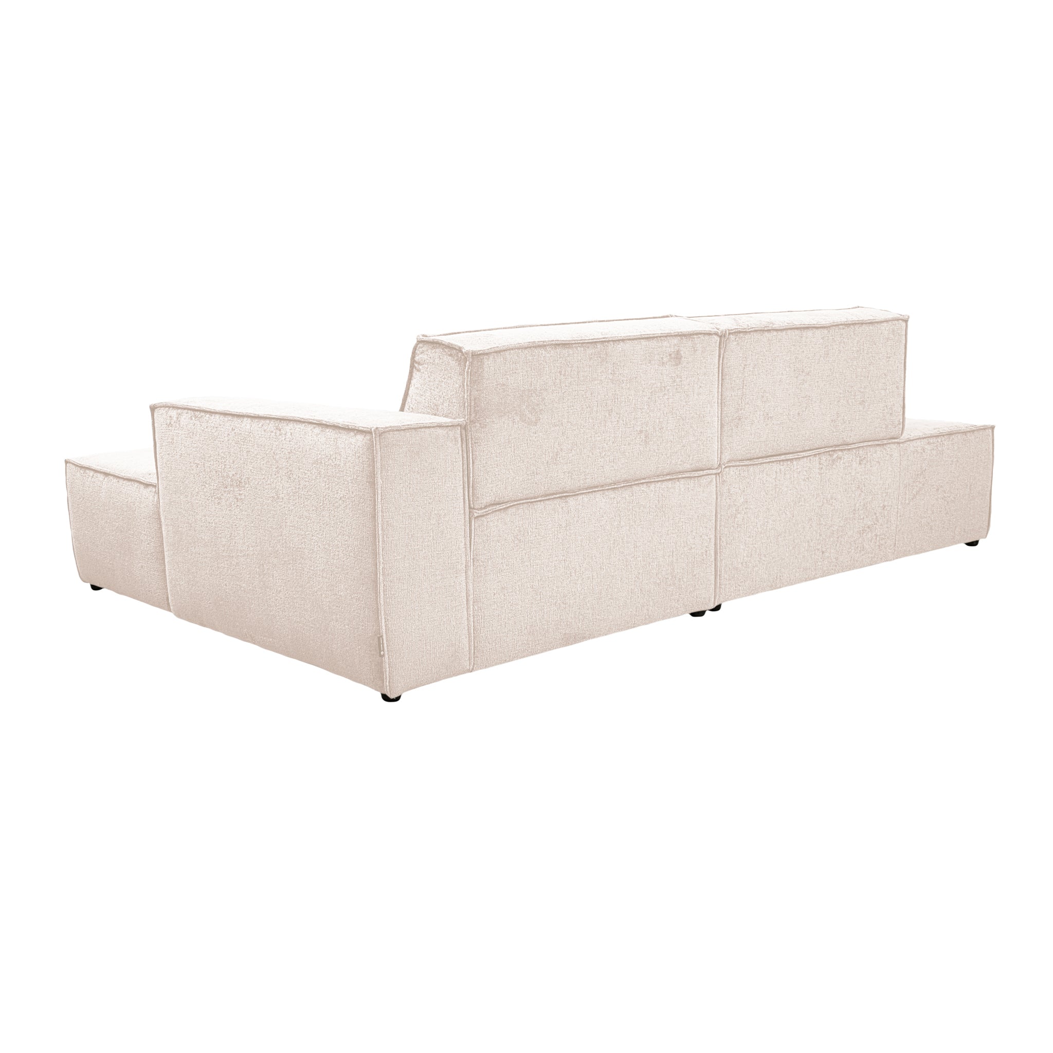 Canapé d’angle droit Prévôt en tissu chenille beige Paname Avenue, vue trois-quarts de dos sur fond blanc