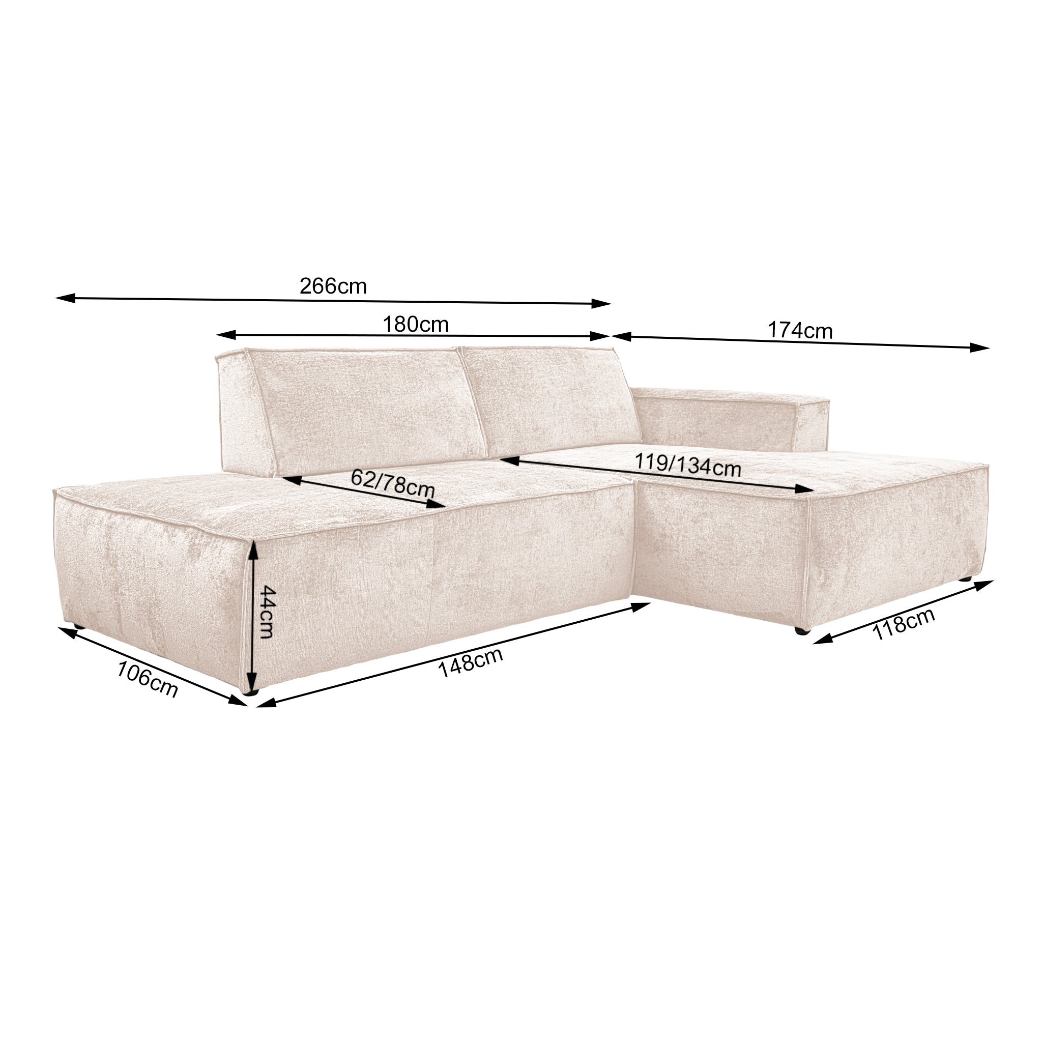 Canapé d’angle droit Prévôt en tissu chenille beige Paname Avenue, schéma des dimensions